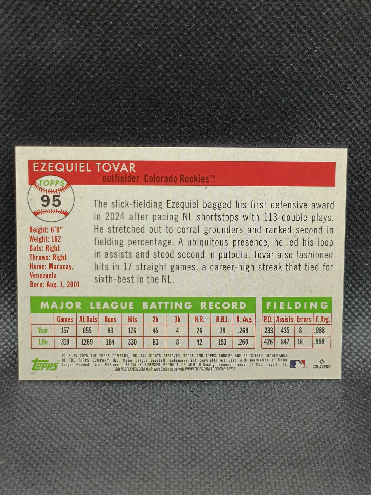 Ezequiel Tovar - 2025 Topps Chrome Platinum Anniversary Gold Toile Refractor /50 - Colorado Rockies