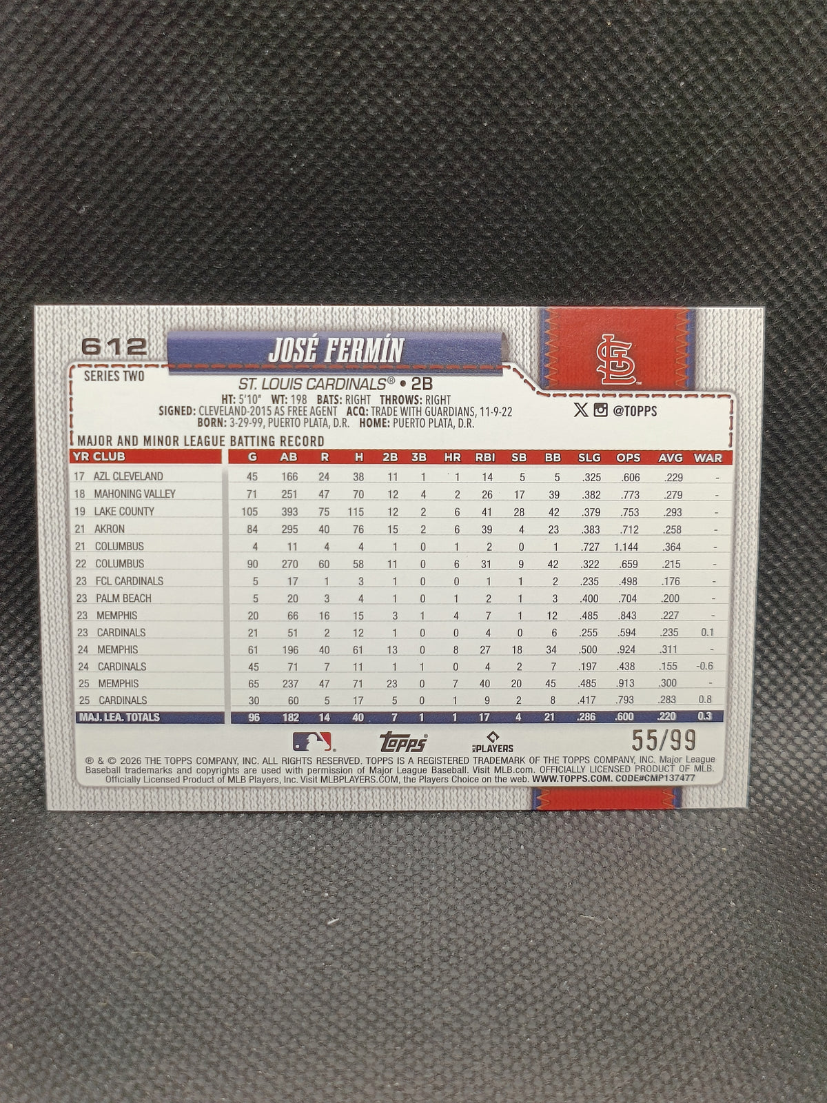 Jose Fermin - 2026 Topps Series Two Green Foil /99 - St Louis Cardinals