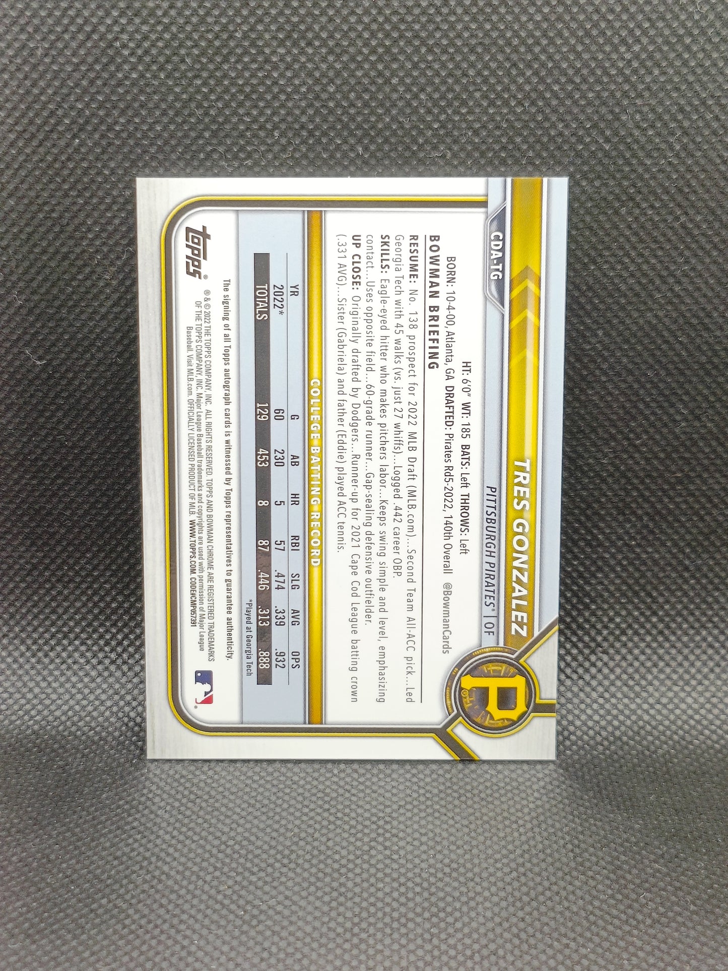 Tres Gonzalez - 2022 Bowman Chrome 1st Bowman Auto - Pittsburgh Pirates