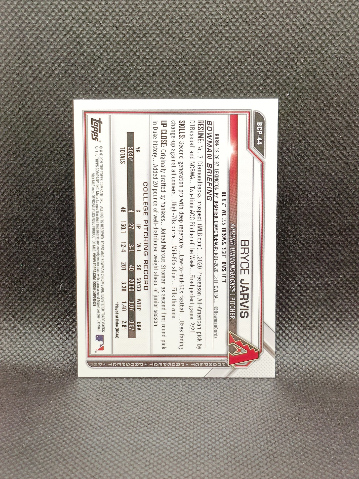 Bryce Jarvis - 2021 Bowman Sapphire Edition Prospect - Arizona Diamondbacks