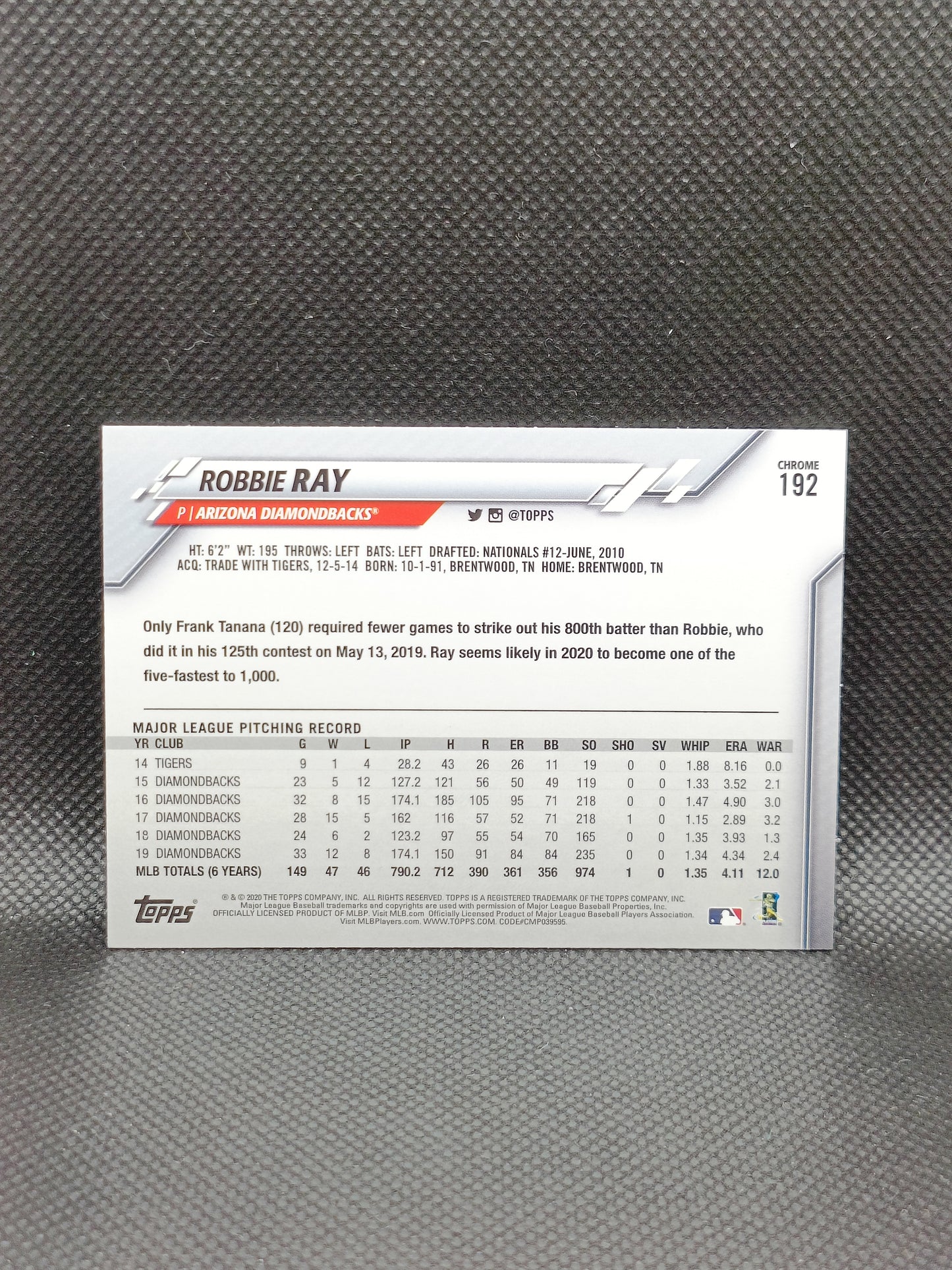 Robbie Ray - 2020 Topps Chrome Prism Refractor - Arizona Diamondbacks