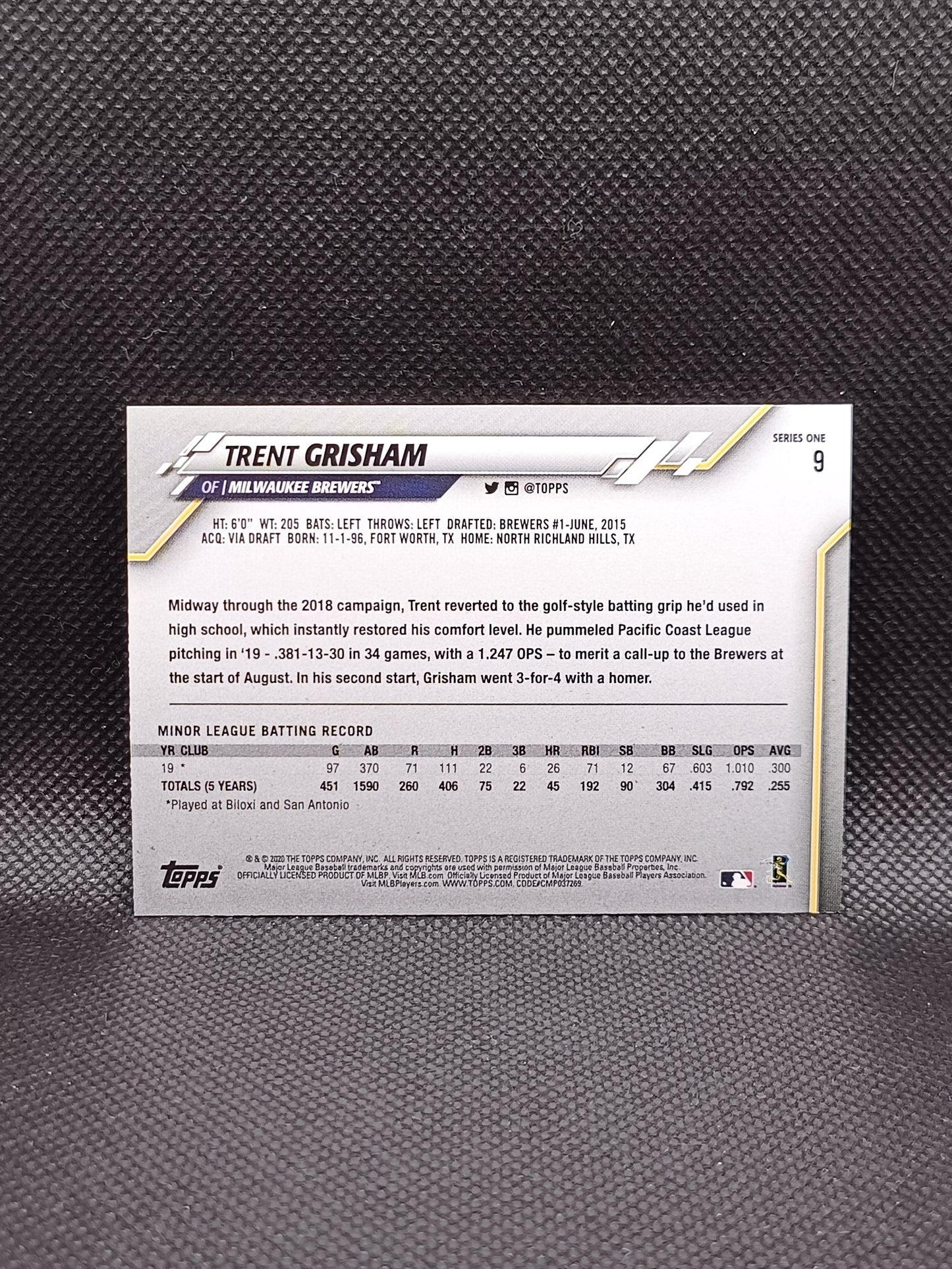 Trent Grisham - 2020 Topps Series 1 Rookie - Milwaukee Brewers