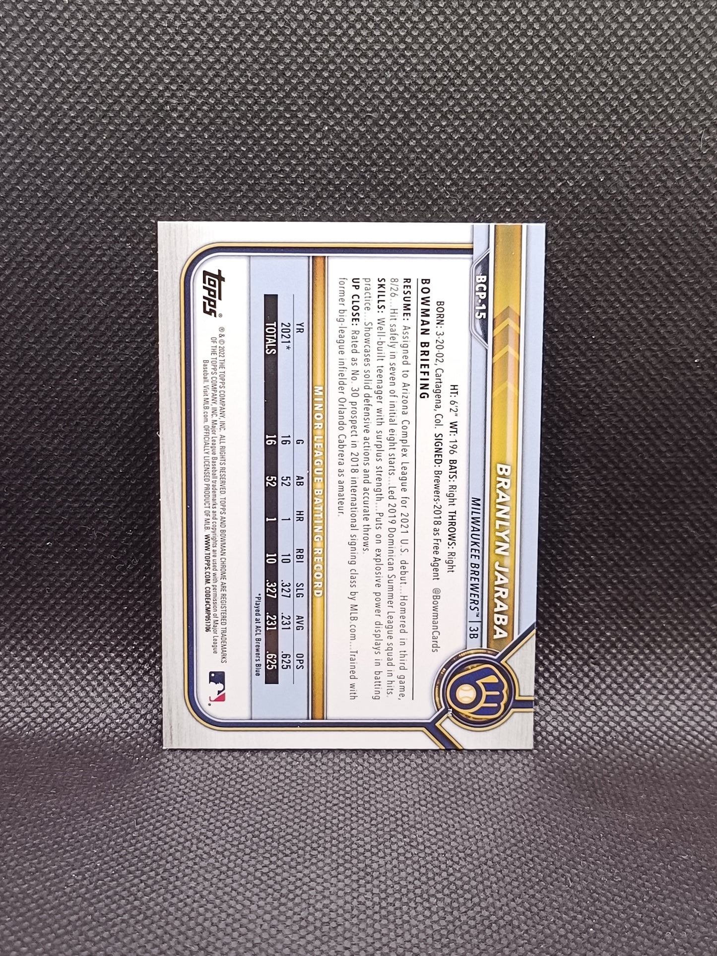 Branlyn Jaraba - 2022 Bowman Chrome 1st Bowman - Milwaukee Brewers