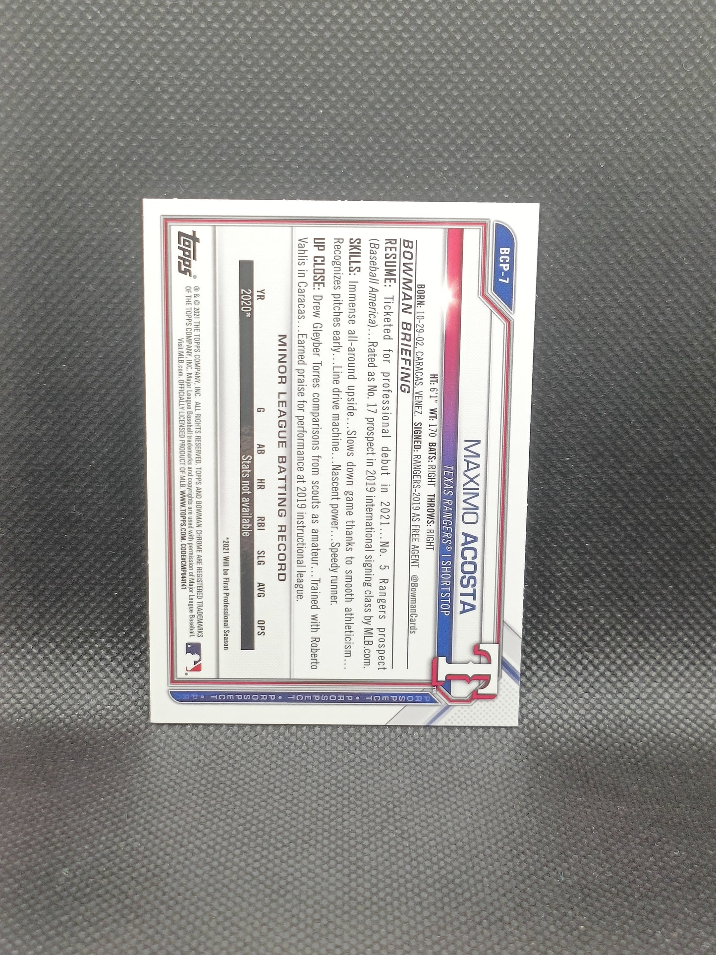 Maximo Acosta - 2021 Bowman Chrome 1st Bowman - Texas Rangers