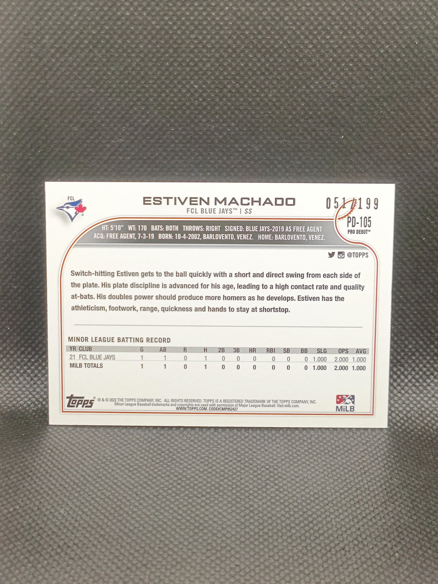 Estiven Machado - 2022 Topps Pro Debut Pink /199 - Toronto Blue Jays