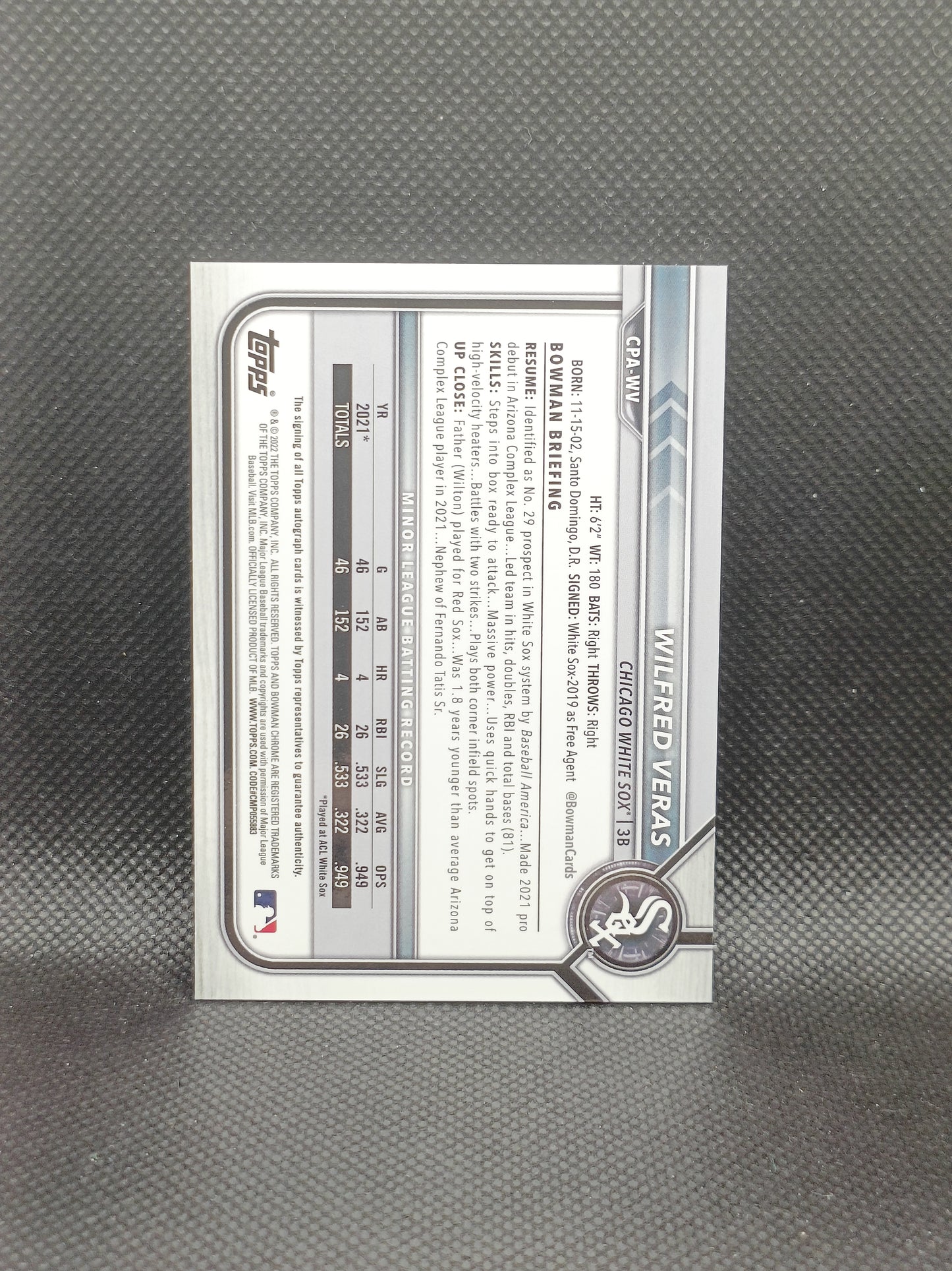 Wilfred Veras - 2022 Bowman Chrome 1st Bowman Auto - Chicago White Sox