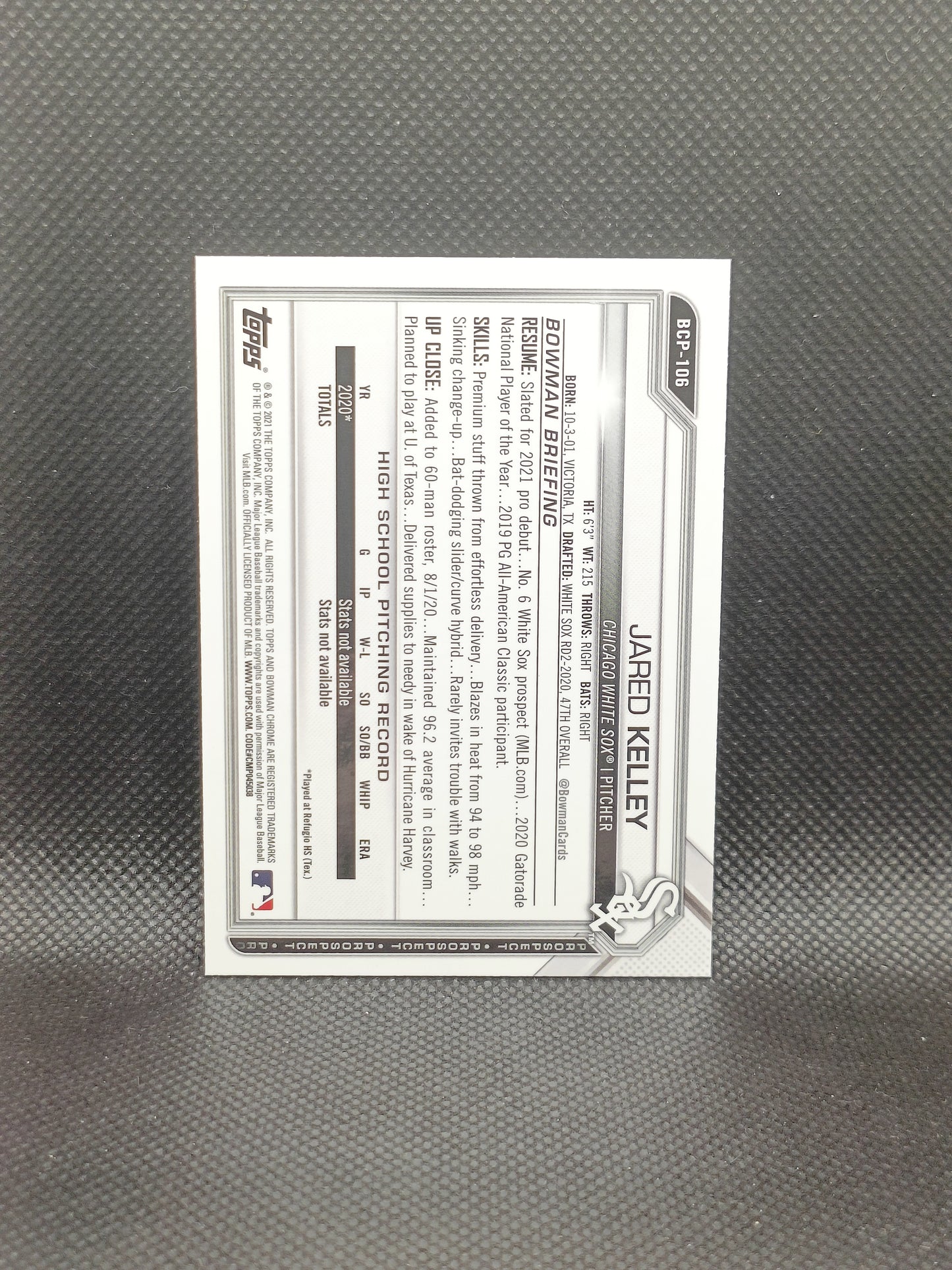 Jared Kelley - 2021 Bowman Sapphire Edition 1st Bowman - Chicago White Sox