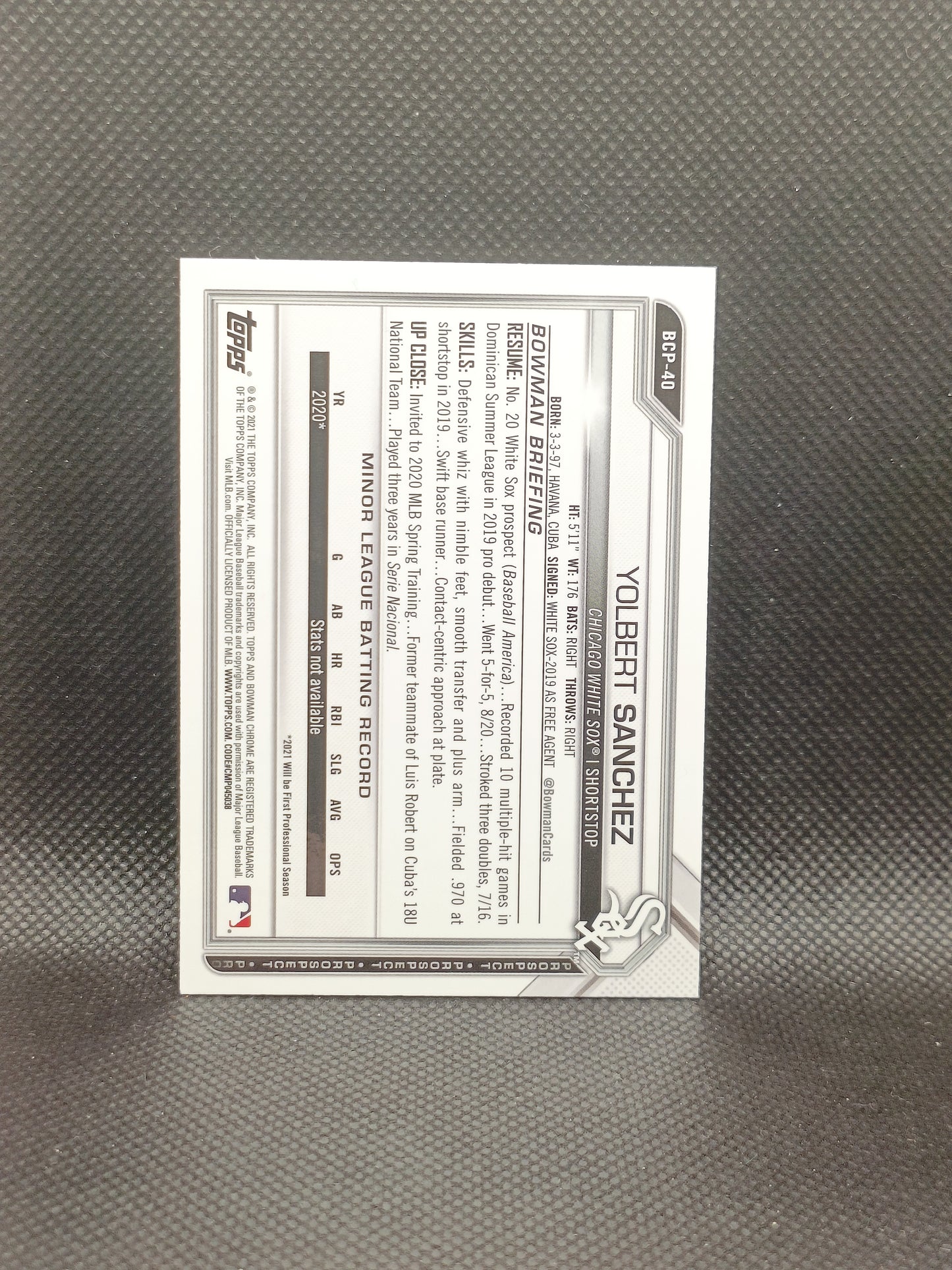 Yolbert Sanchez - 2021 Bowman Sapphire Edition 1st Bowman - Chicago White Sox