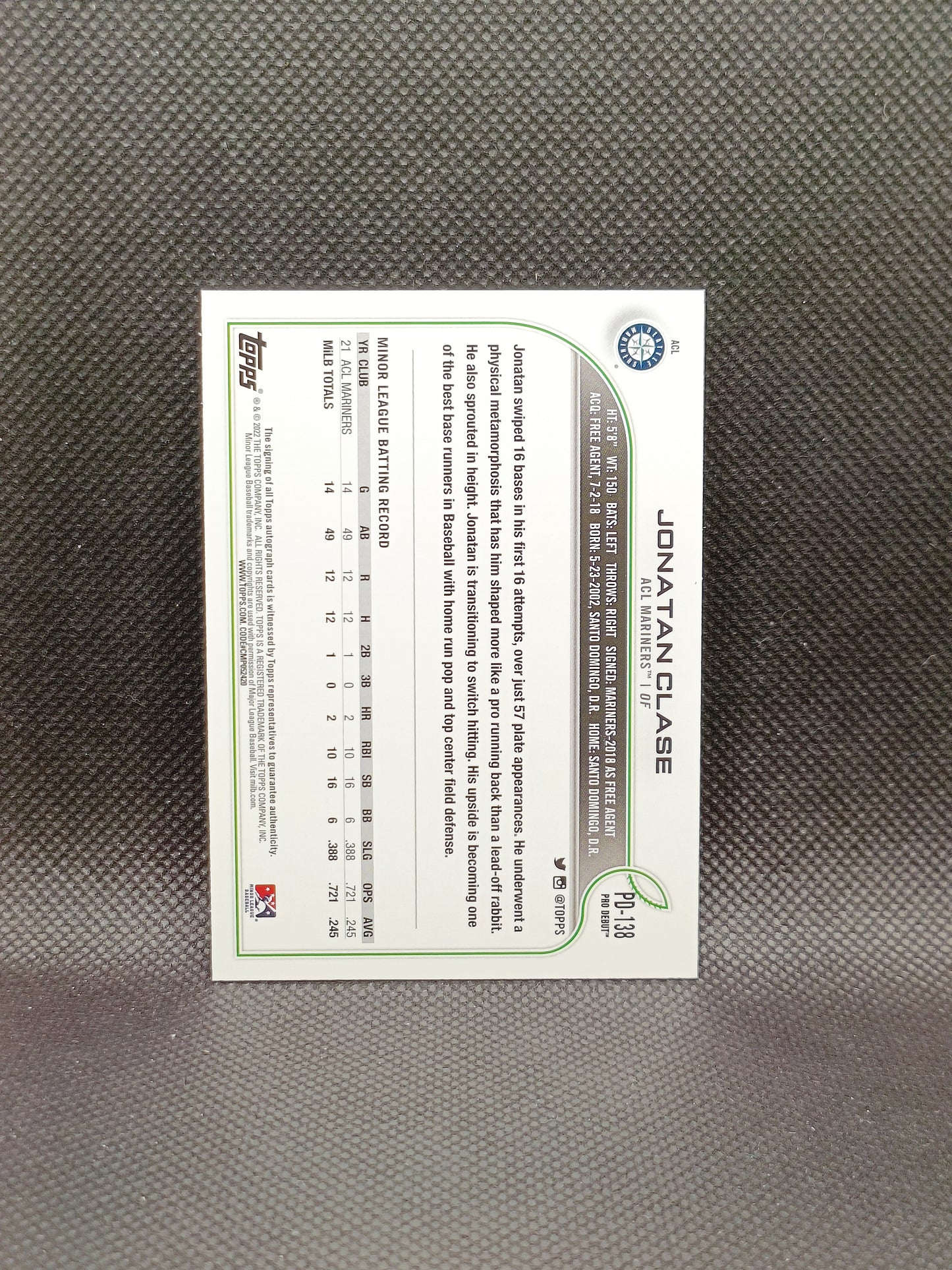 Jonatan Clase - 2022 Topps Pro Debut Auto - Seattle Mariners