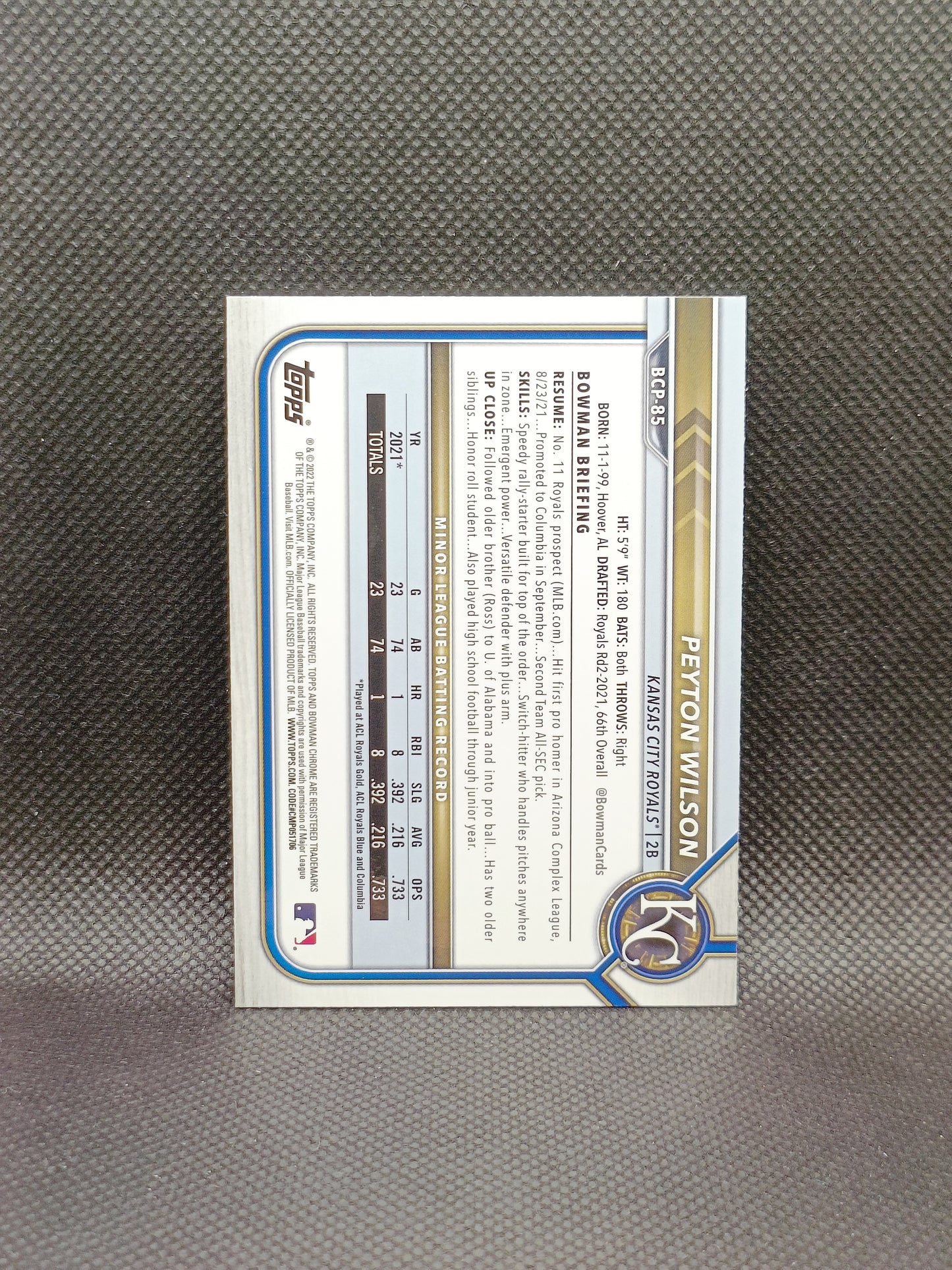 Peyton Wilson - 2022 Bowman Chrome Prospect 1st Bowman - Kansas City Royals
