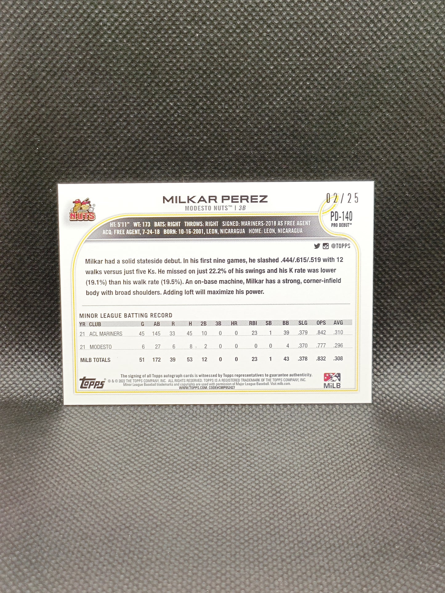 Milkar Perez - 2022 Topps Pro Debut Auto Orange /25 - Seattle Mariners