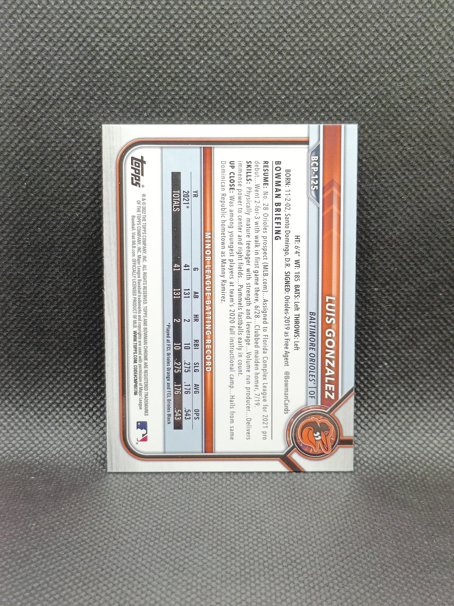 Luis Gonzalez - 2022 Bowman Chrome 1st Bowman - Baltimore Orioles