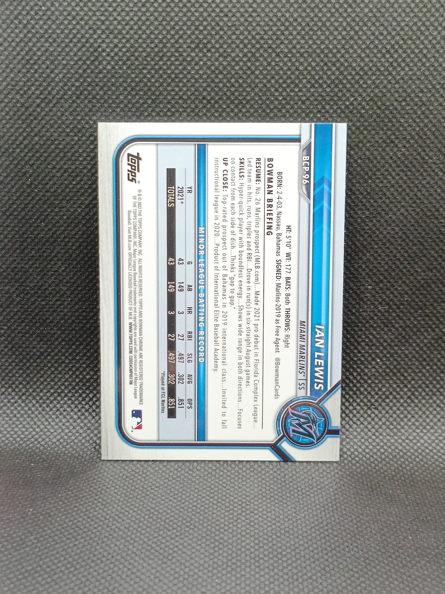 Ian Lewis - 2022 Bowman Chrome 1st Bowman - Miami Marlins