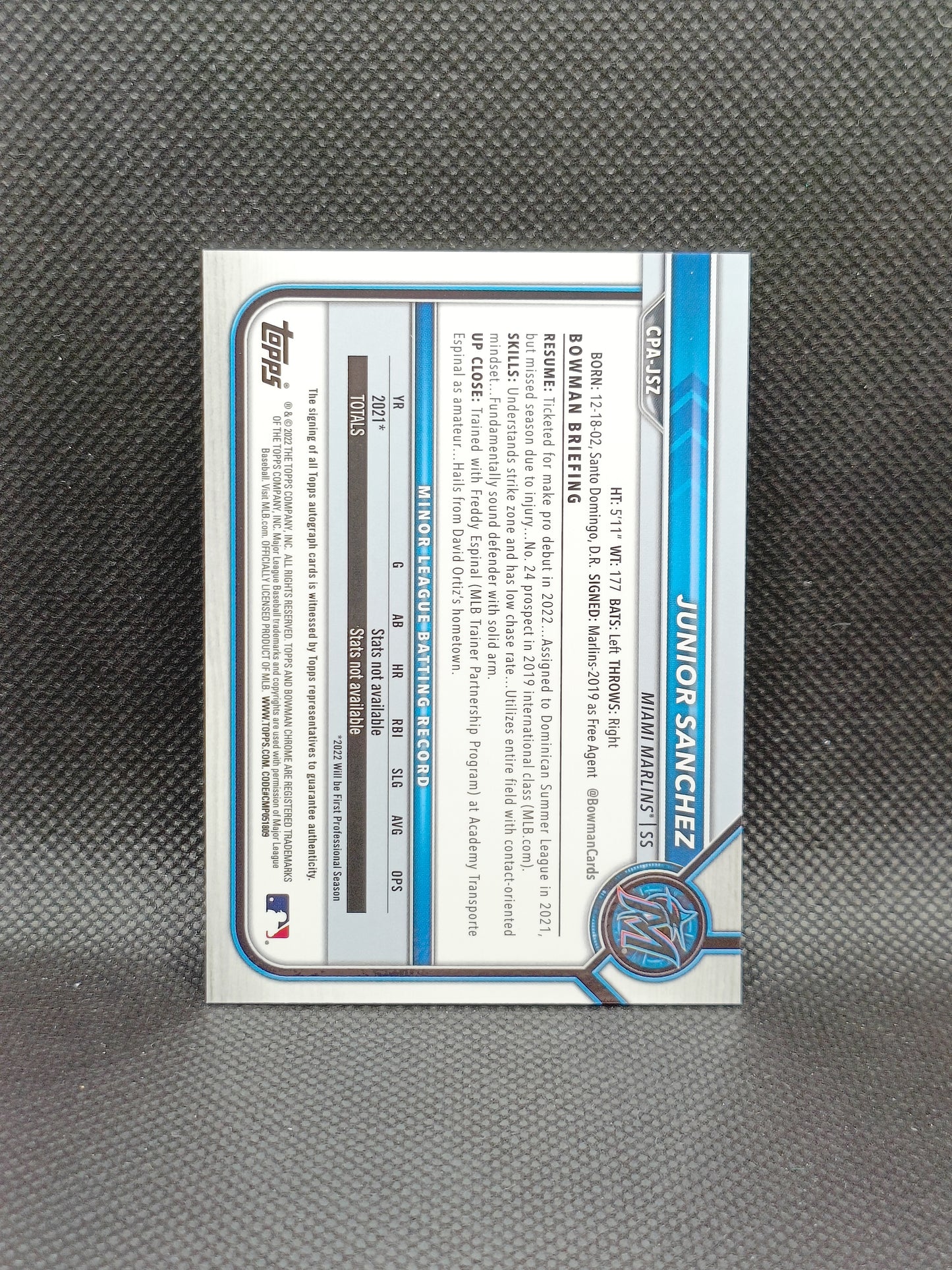 Junior Sanchez - 2022 Bowman Chrome 1st Bowman Auto - Miami Marlins