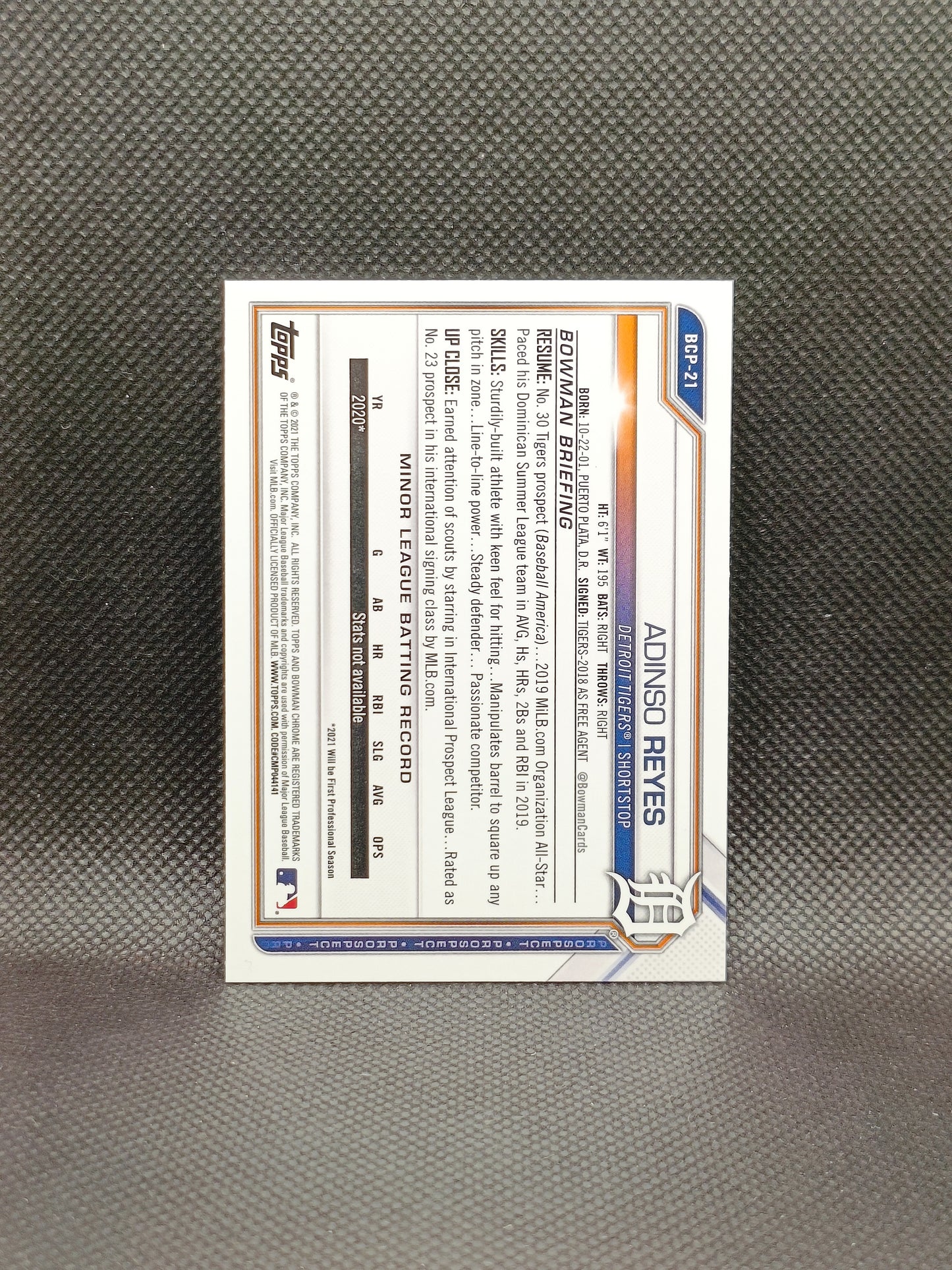 Adinso Reyes - 2021 Bowman Chrome 1st Bowman - Detroit Tigers