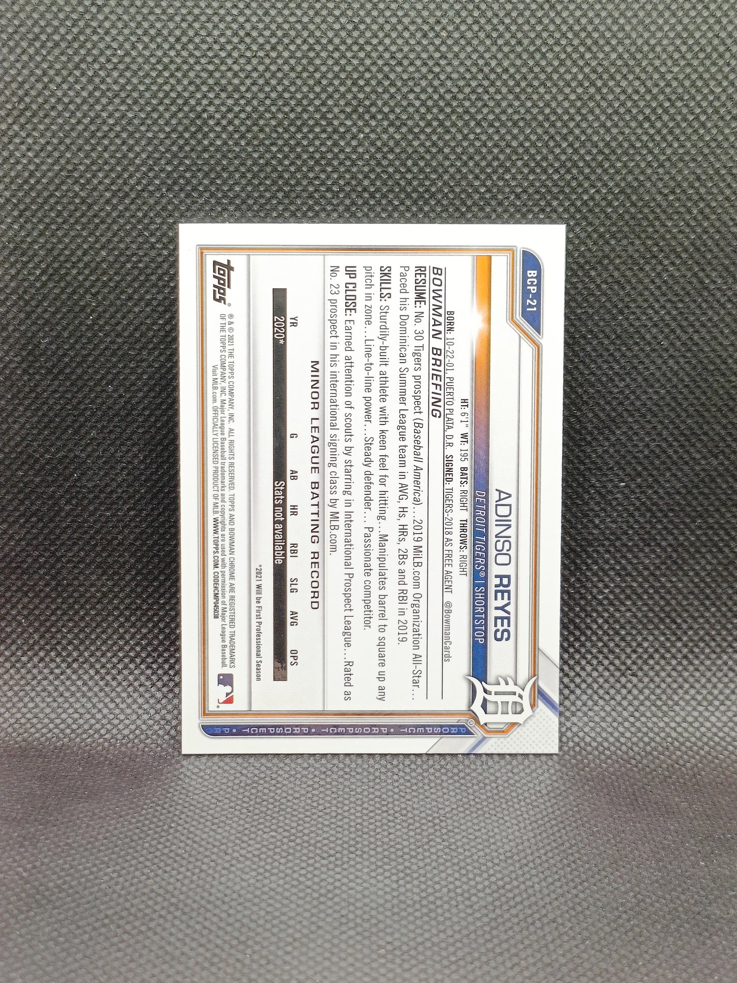 Adinso Reyes - 2021 Bowman Sapphire Edition 1st Bowman - Detroit Tigers