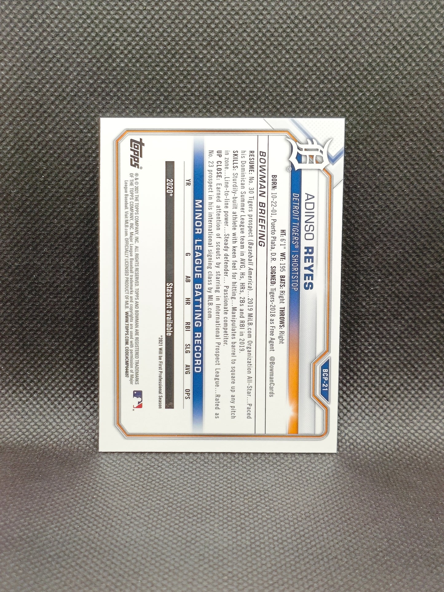 Adinso Reyes - 2021 Bowman Chrome 1st Bowman Mojo - Detroit Tigers