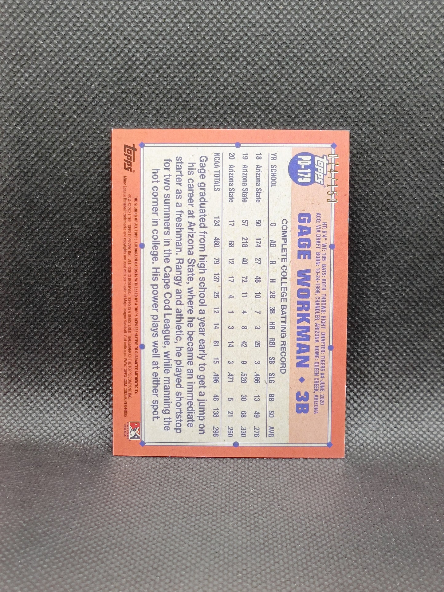 Gage Workman - 2021 Topps Pro Debut Draft Pick Auto Blue /150 - Detroit Tigers