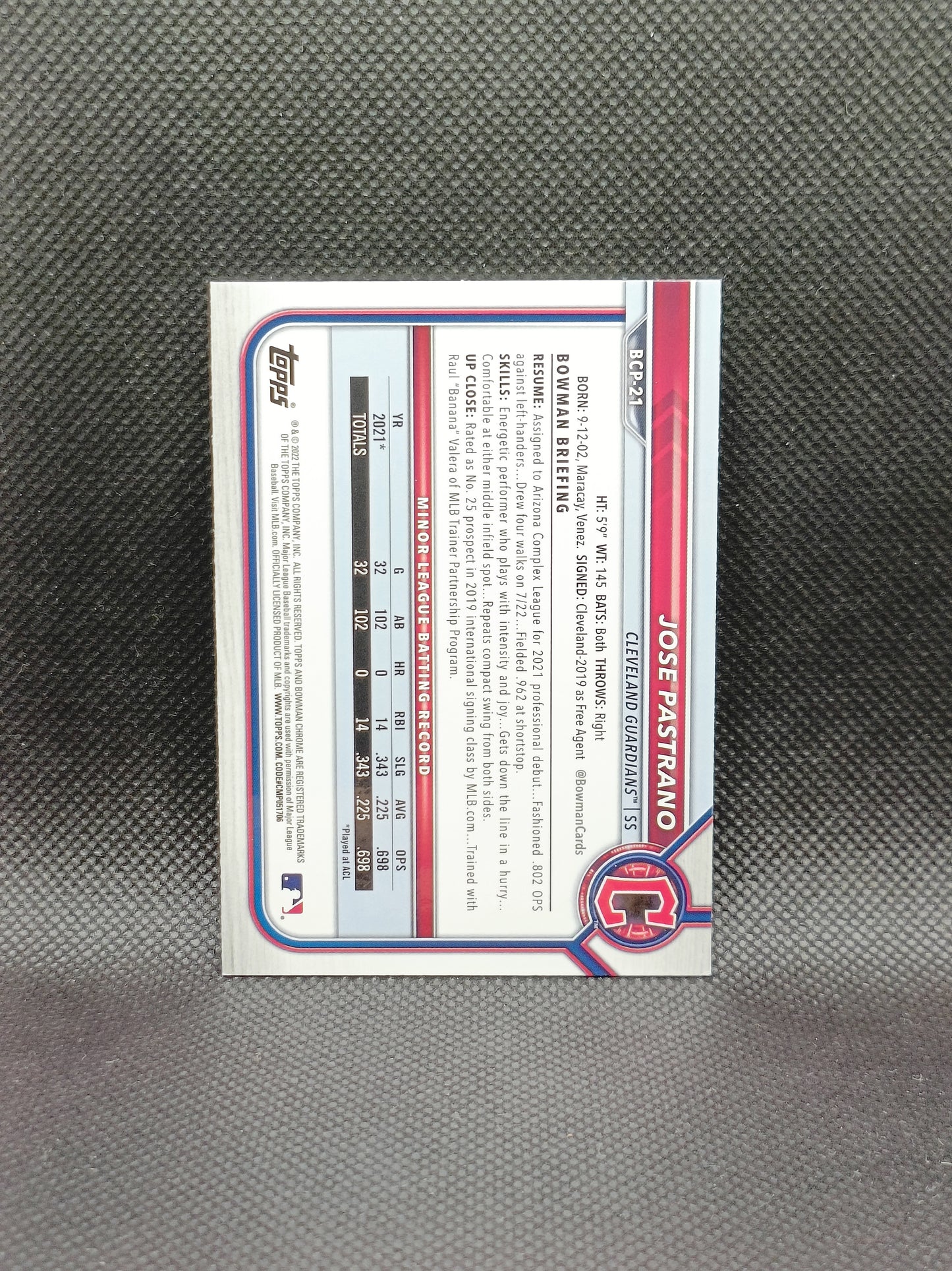 Jose Pastrano - 2022 Bowman Chrome 1st Bowman - Cleveland Guardians