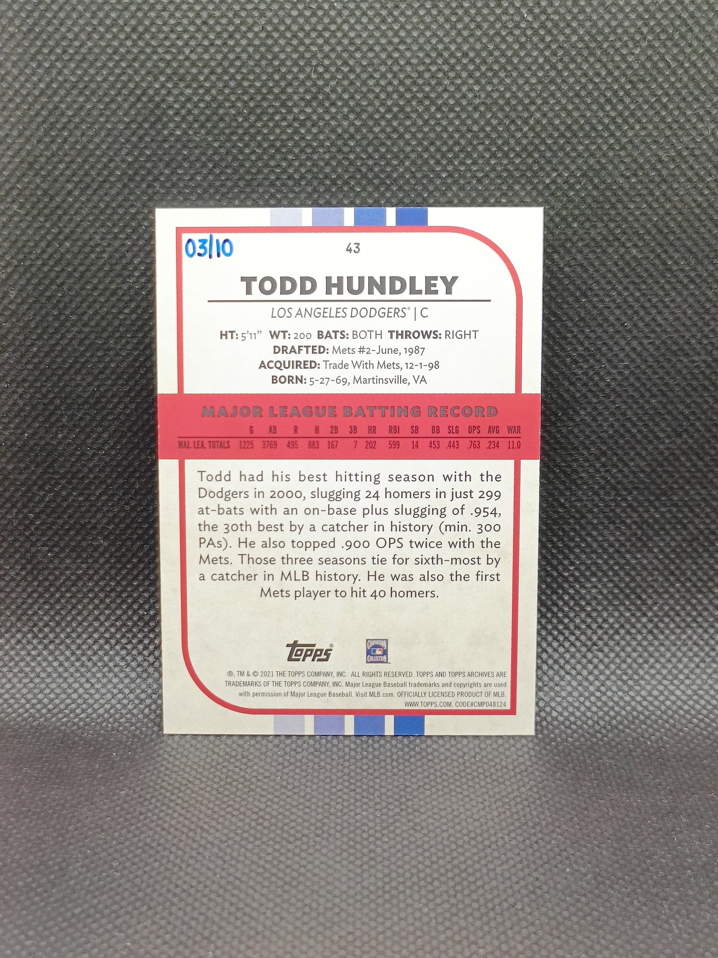 Todd Hundley - 2021 Topps Archives Snapshots Gold /10 - LA Dodgers