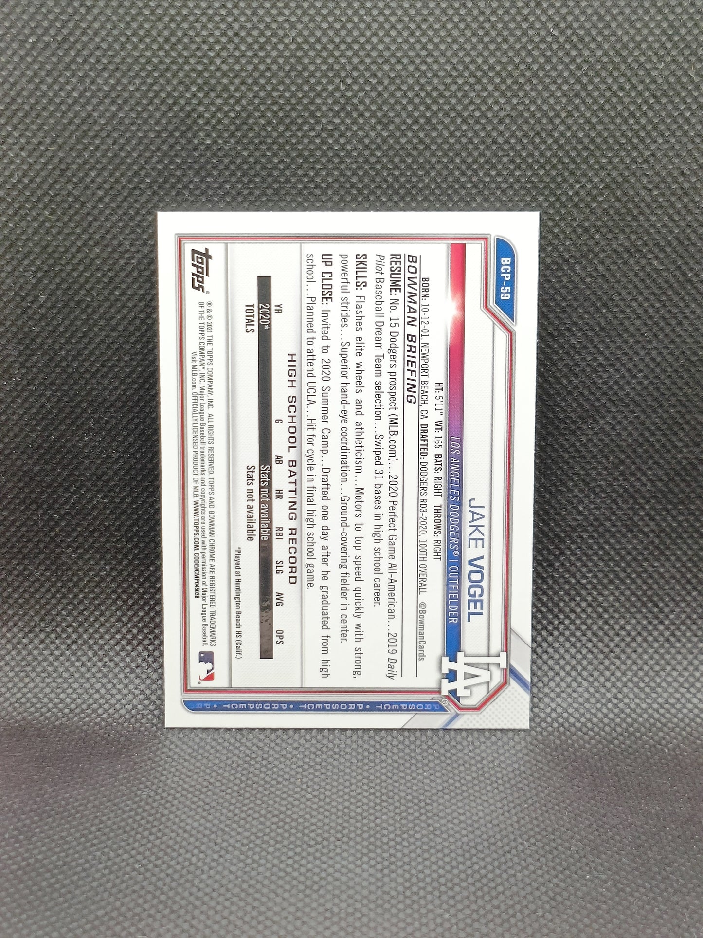 Jake Vogel - 2021 Bowman Chrome Sapphire Edition 1st Bowman - LA Dodgers