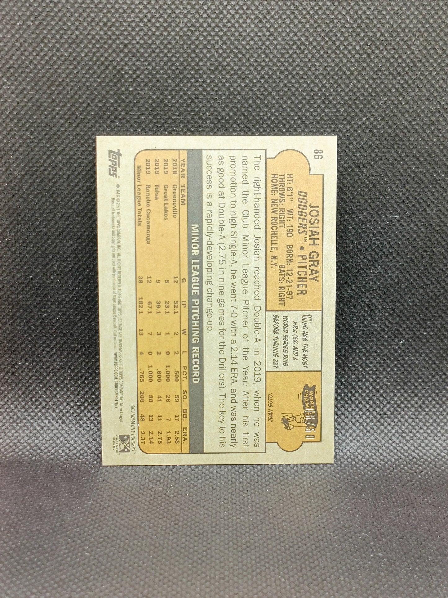 Josiah Gray - 2021 Topps Heritage Minor League Black Border /50 - LA Dodgers