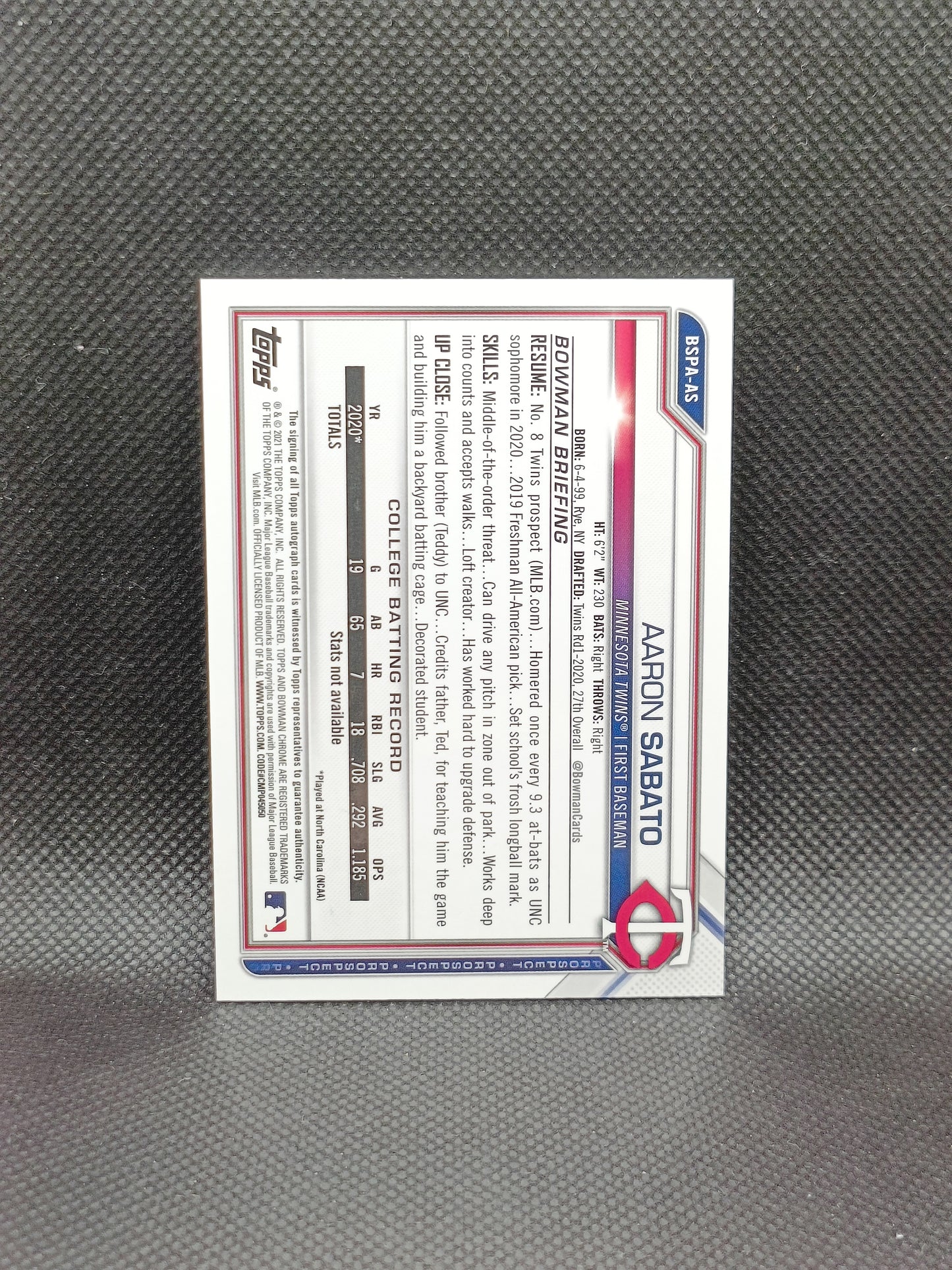 Aaron Sabato - 2021 Bowman Chrome Sapphire Edition 1st Bowman Auto - Minnesota Twins