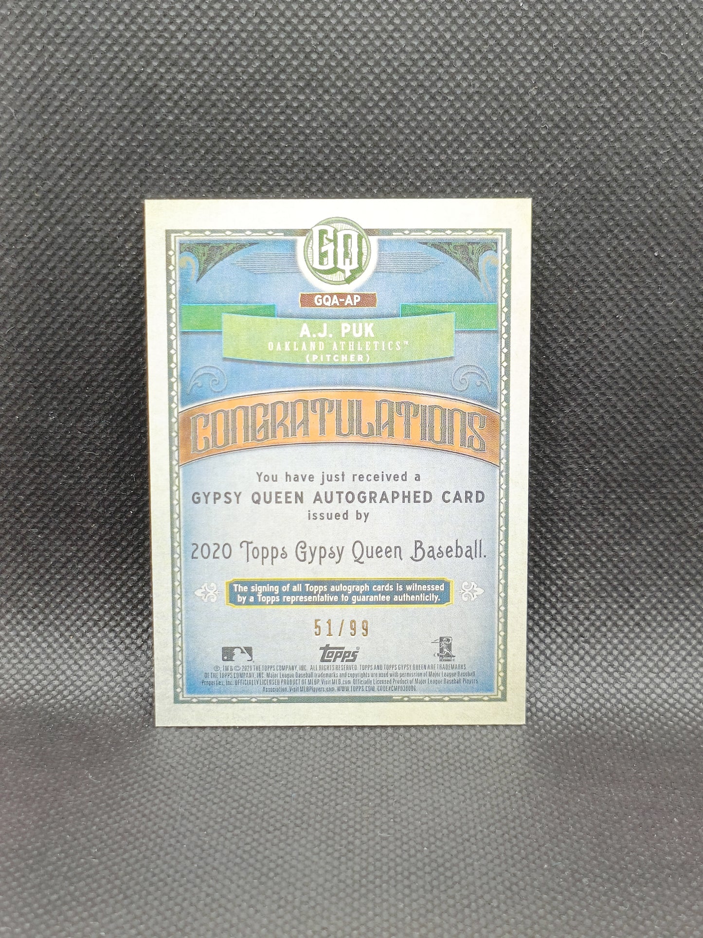 AJ Puk - 2020 Topps Gypsy Queen Rookie Auto Blue /99 - Oakland Athletics