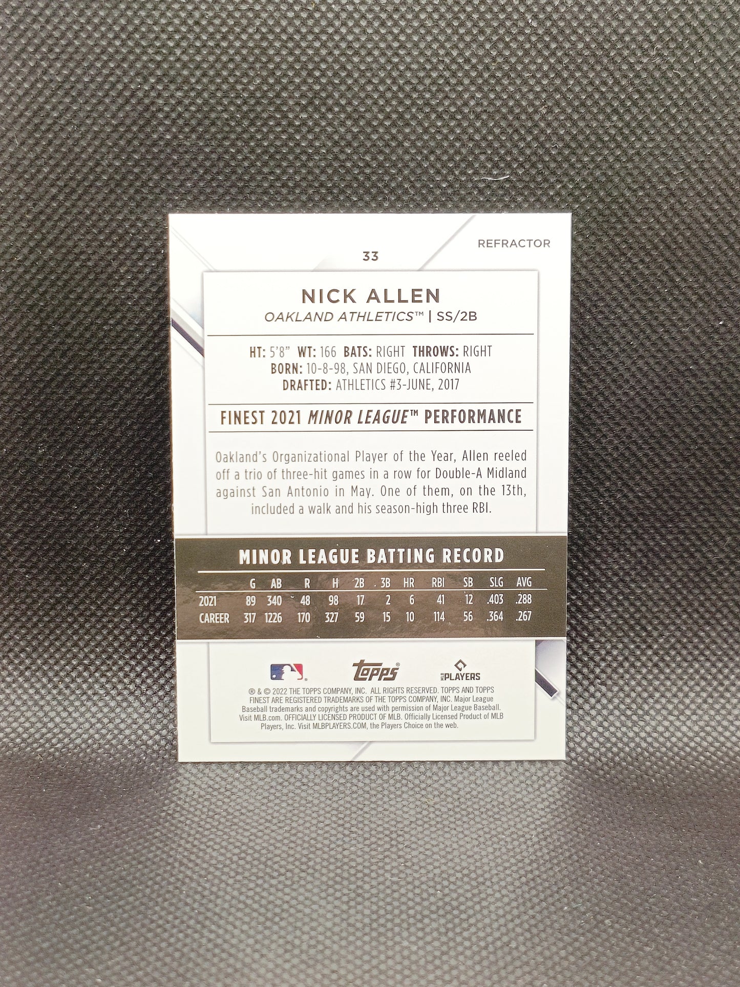 Nick Allen - 2022 Topps Finest Rookie Refractor - Oakland Athletics