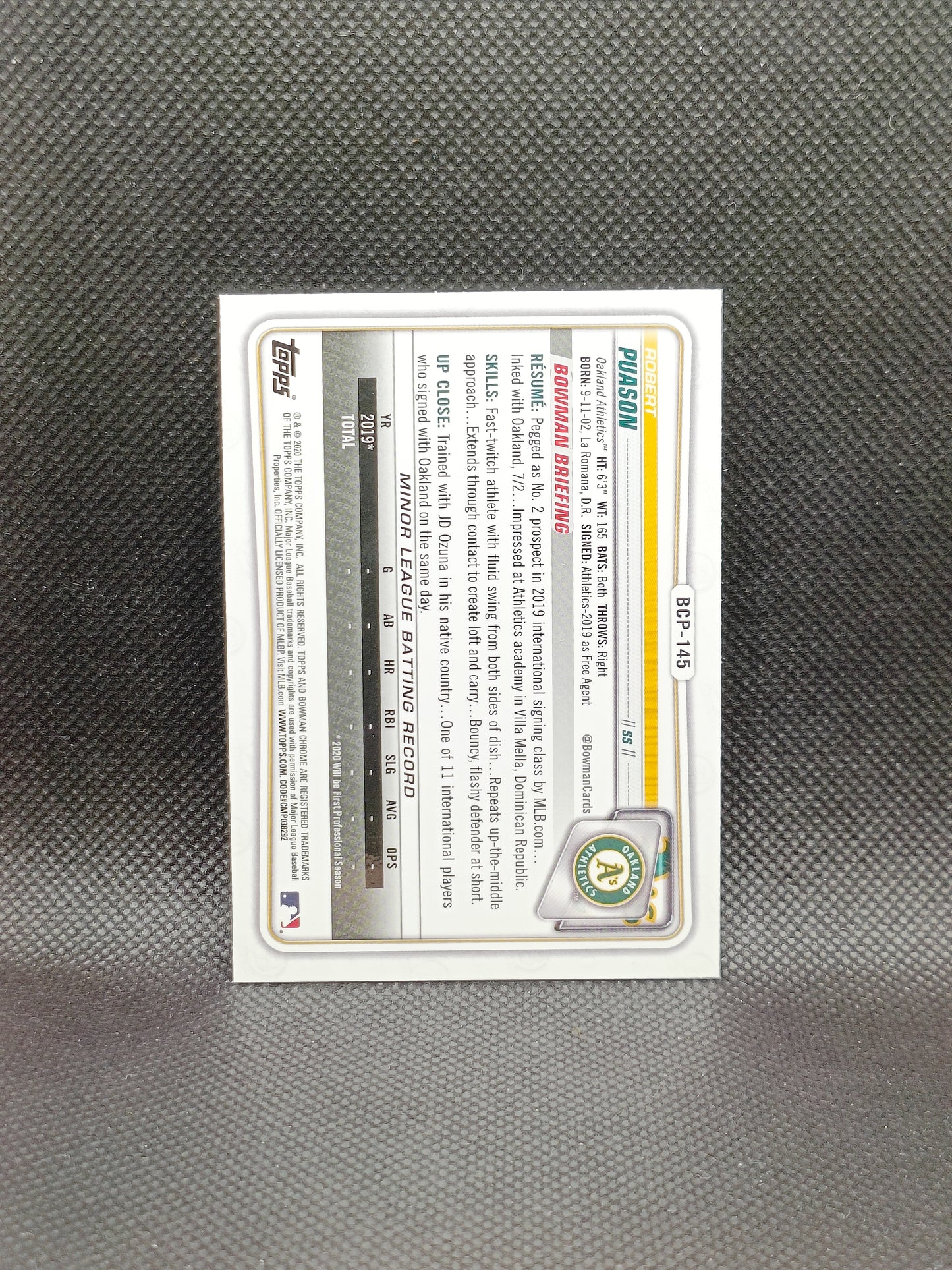 Robert Puason - 2020 Bowman Chrome 1st Bowman - Oakland Athletics