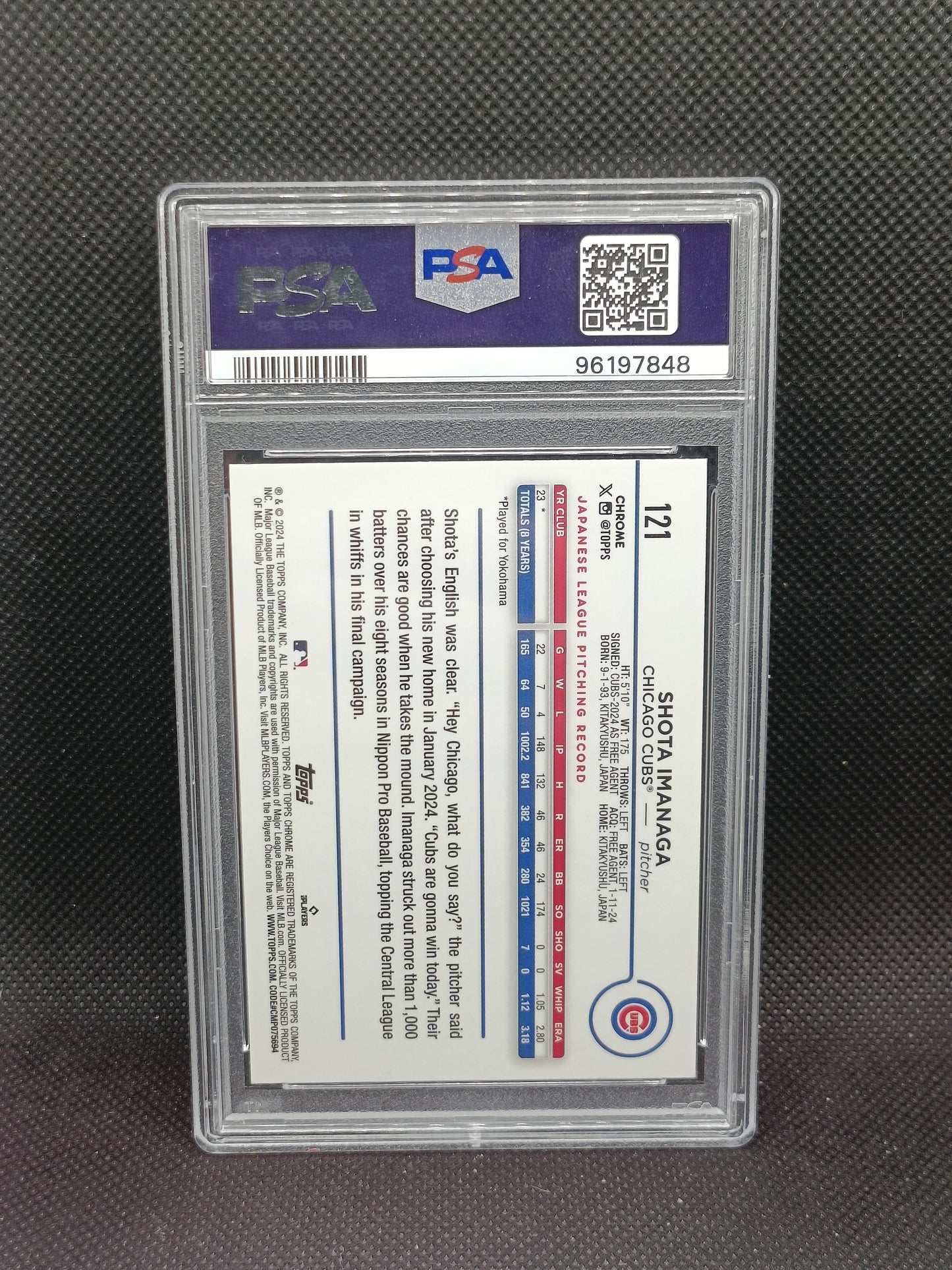 Shota Imanaga - 2024 Topps Chrome Rookie Aqua Refractor /199 - PSA 10 - Chicago Cubs