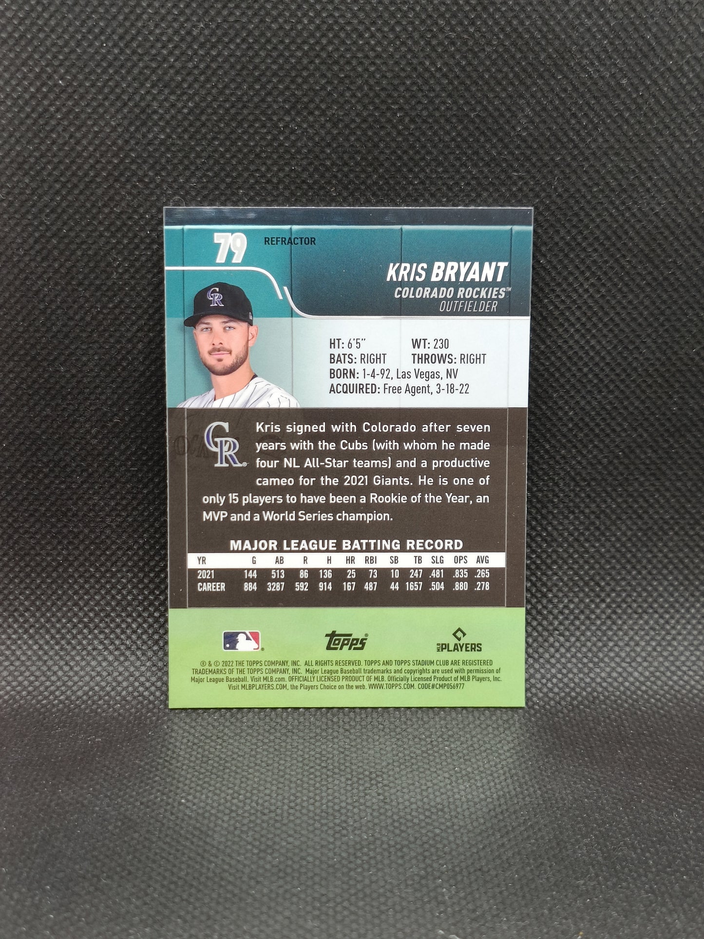 Kris Bryant - 2022 Topps Stadium Club Chrome Refractor - Colorado Rockies