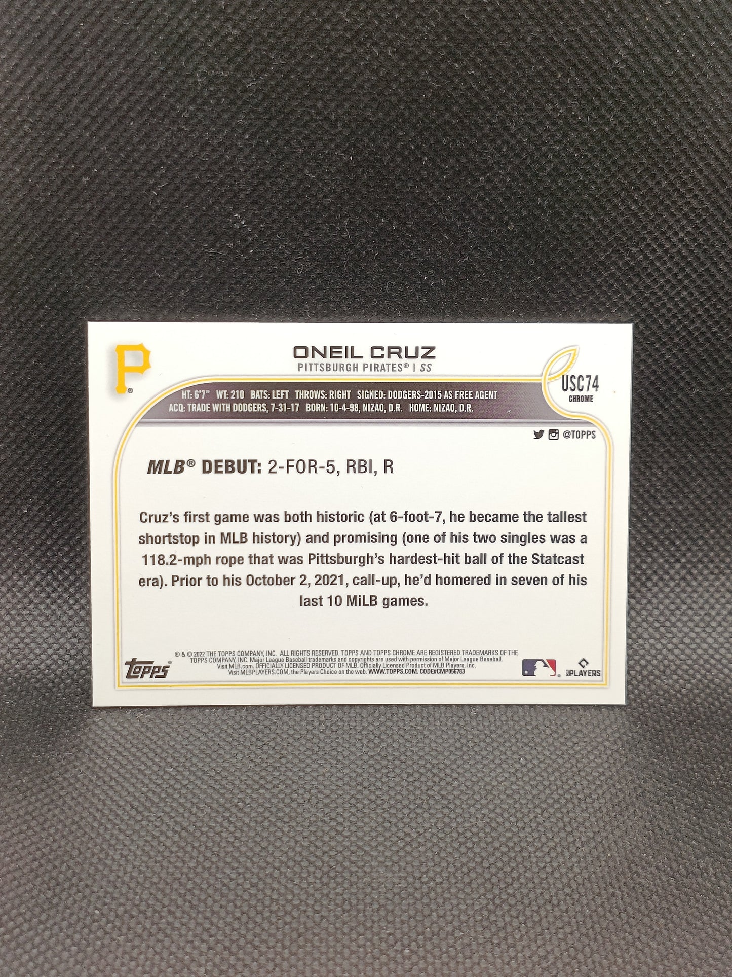 Oneil Cruz - 2022 Topps Chrome Update Rookie Debut Purple Refractor - Pittsburgh Pirates