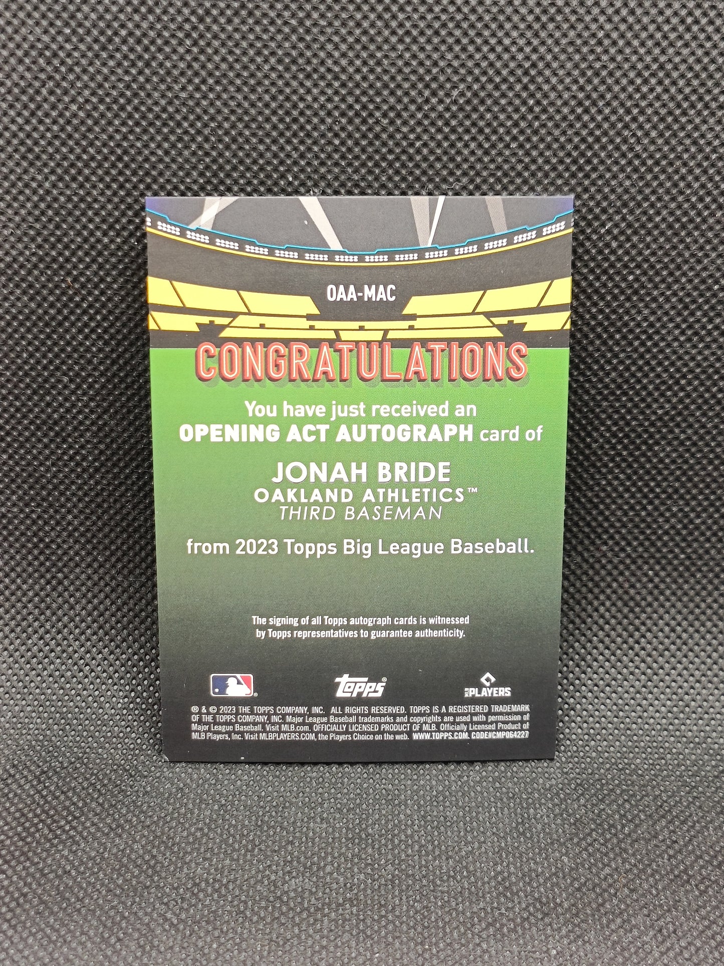 Jonah Bride - 2023 Topps Big League Opening Act Rookie Auto - Oakland Athletics