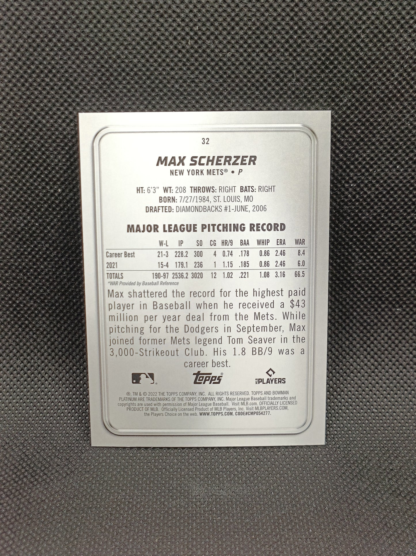 Max Scherzer - 2022 Bowman Platinum Aqua Ice Foil /250 - New York Mets