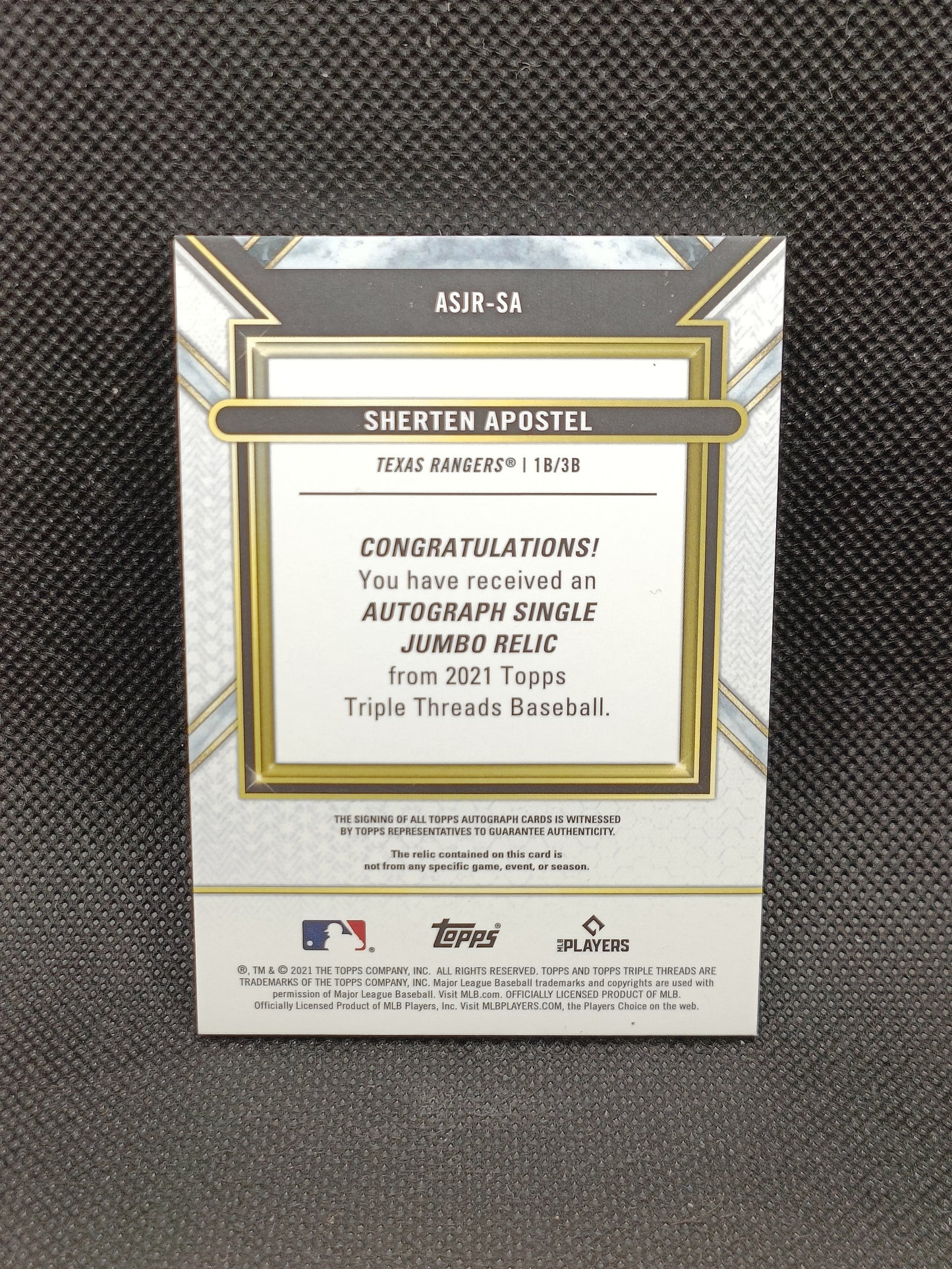 Sherten Apostel - 2021 Topps Triple Threads Rookie Relic Auto /99 - Texas Rangers