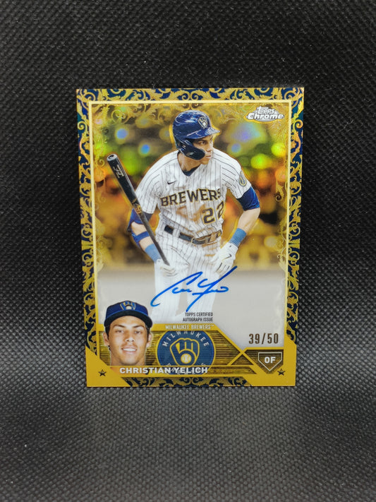Christian Yelich - 2023 Topps Chrome Gilded Auto Blue Etch /50 - Milwaukee Brewers