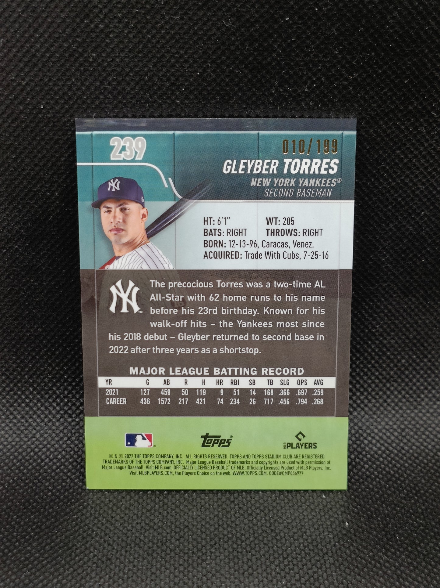 Gleyber Torres - 2022 Topps Stadium Club Chrome Blue Refractor /199 - New York Yankees