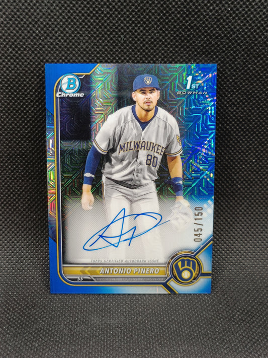 Antonio Pinero - 2022 Bowman Chrome 1st Bowman Auto Blue Choice Refractor /150 - Milwaukee Brewers