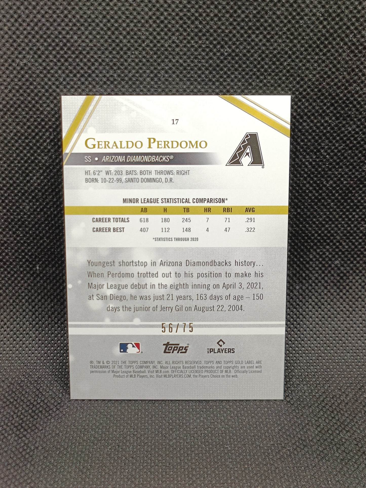 Geraldo Perdomo - 2021 Topps Gold Label Class 1 Rookie Red /75 - Arizona Diamondbacks