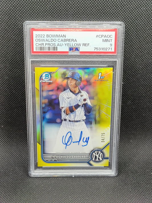 Oswaldo Cabrera - 2022 Bowman 1st Bowman Chrome Auto Yellow Refractor /75 - PSA 9 - New York Yankees