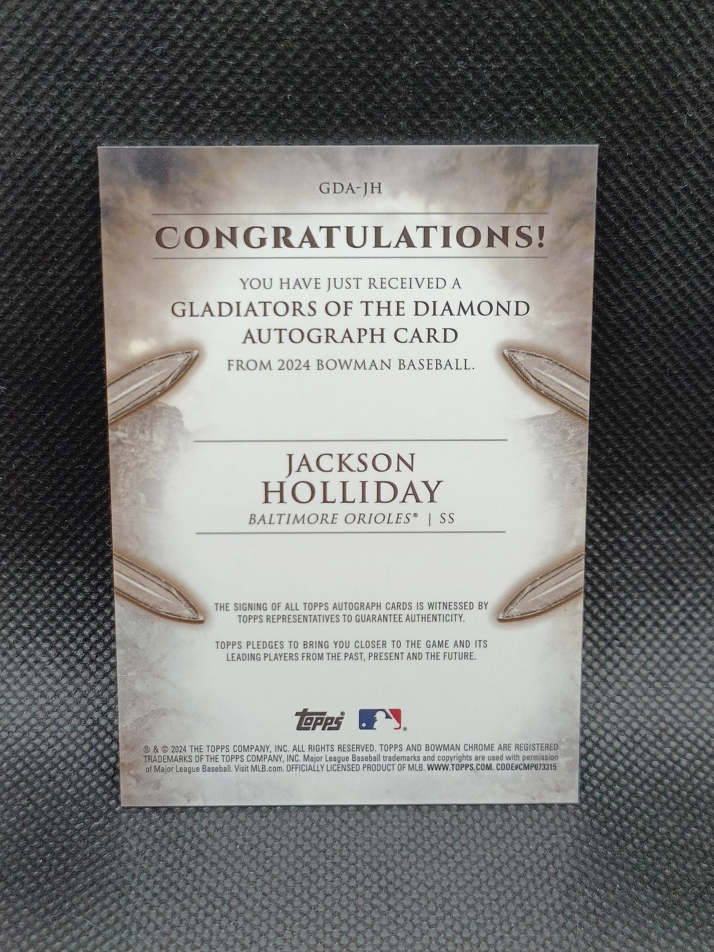 Jackson Holliday - 2024 Bowman Chrome Gladiators Of The Diamond Auto /99 - Baltimore Orioles