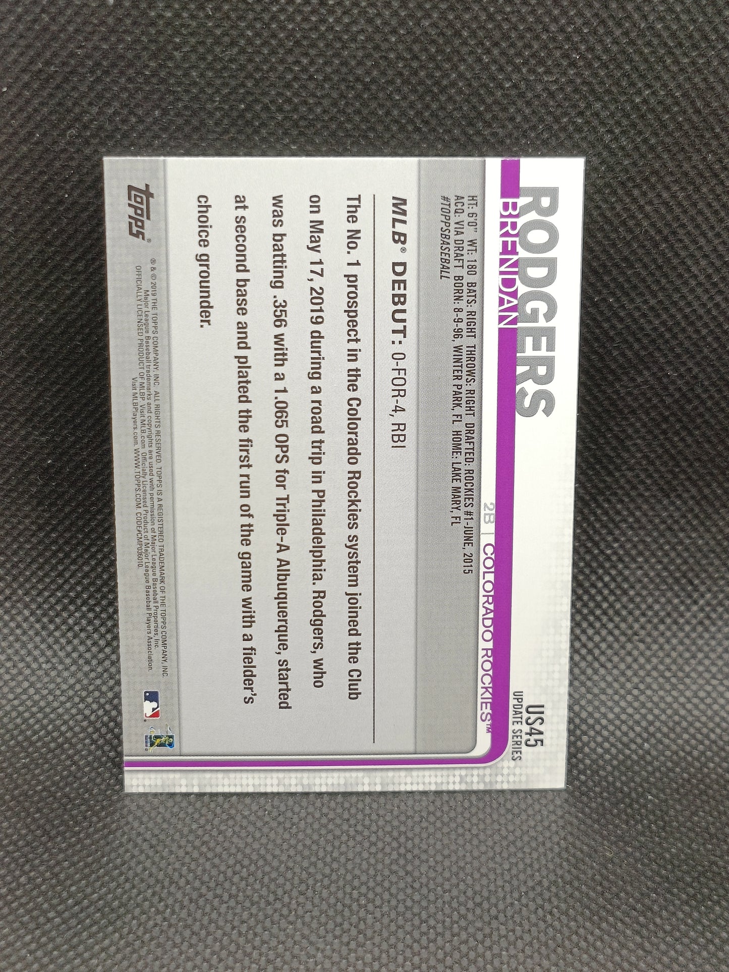 Brendan Rogers - 2019 Topps Update Series Rookie Debut - Colorado Rockies