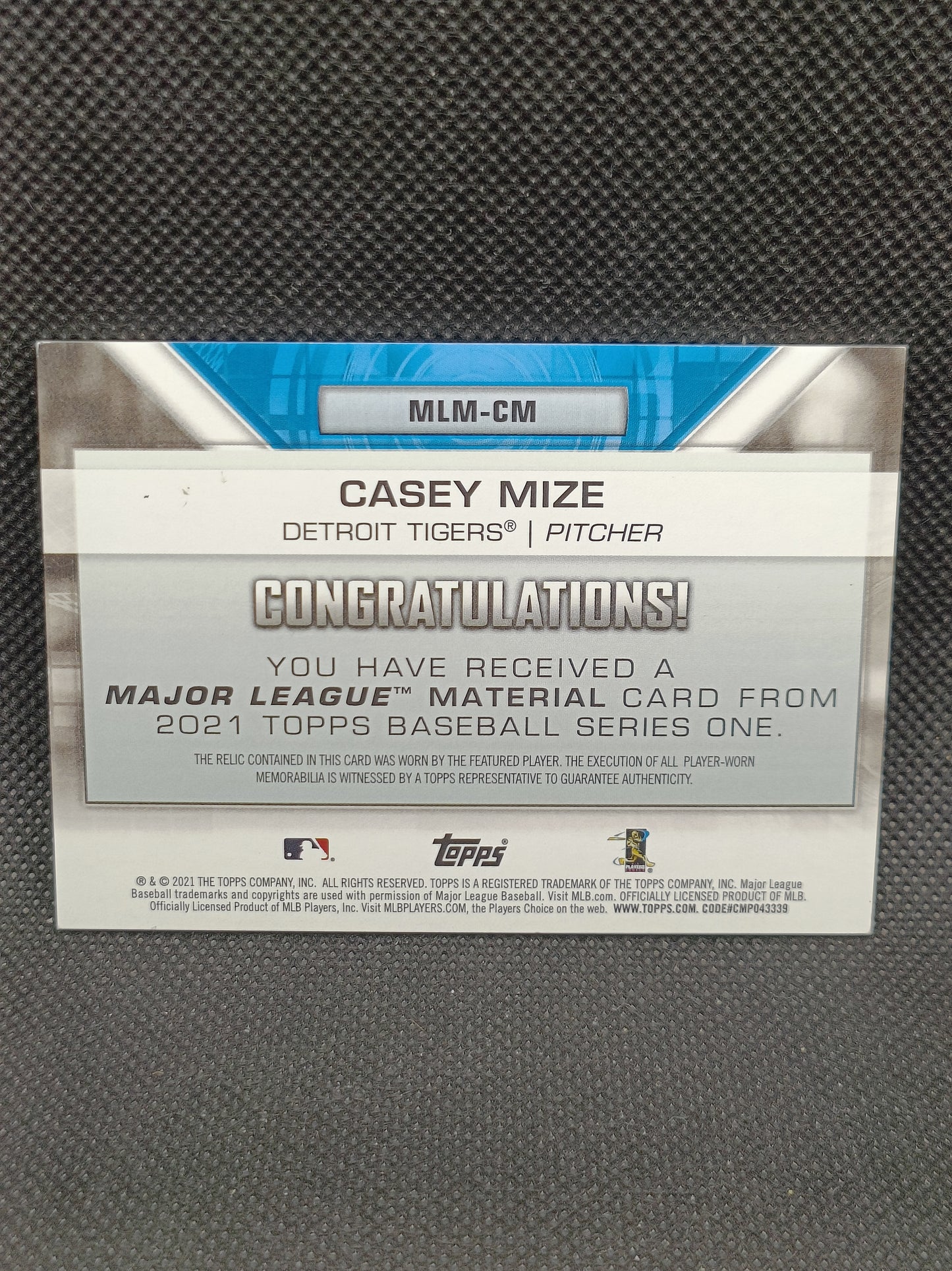 Casey Mize - 2021 Topps Series One Rookie Relic - Detroit Tigers