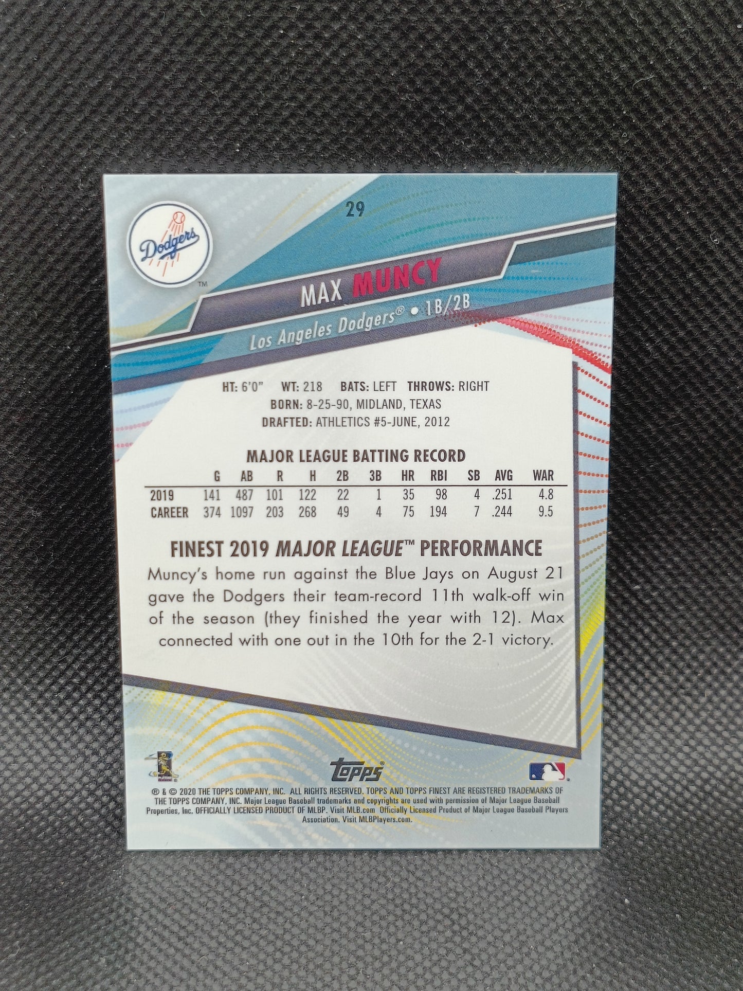 Max Muncy - 2020 Topps Finest Blue Refractor /150 - LA Dodgers