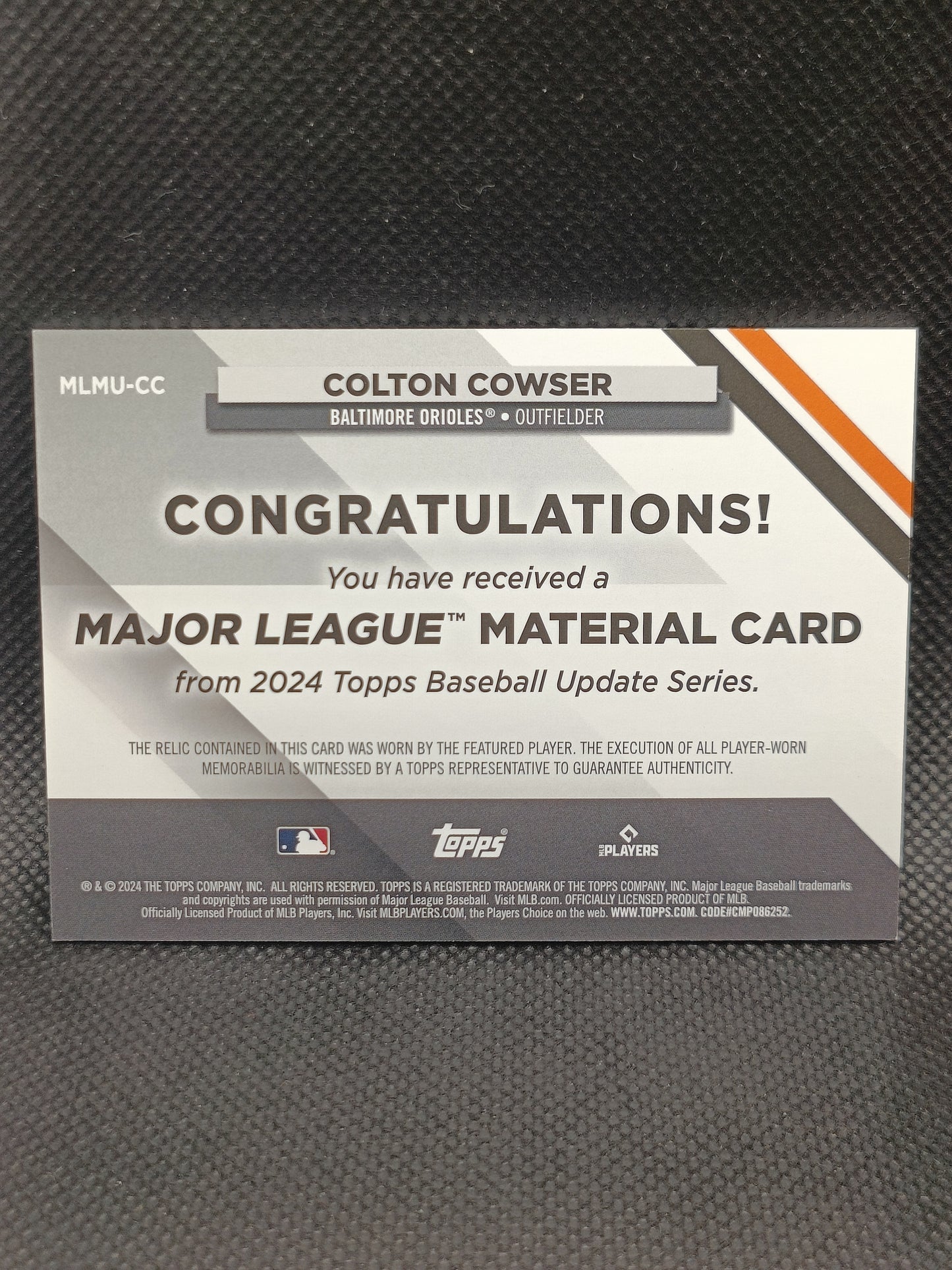Colton Cowser - 2024 Topps Update Series Rookie Relic - Baltimore Orioles