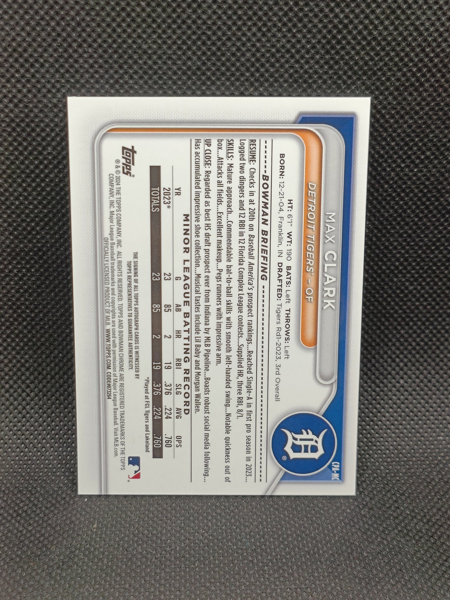 Max Clark - 2024 Bowman Chrome Auto Green Refractor /99 - Detroit Tigers