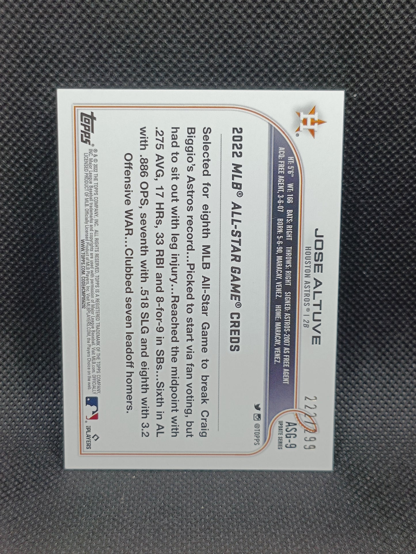 Jose Altuve - 2022 Topps Update Series All Star Game Black /299 - Houston Astros