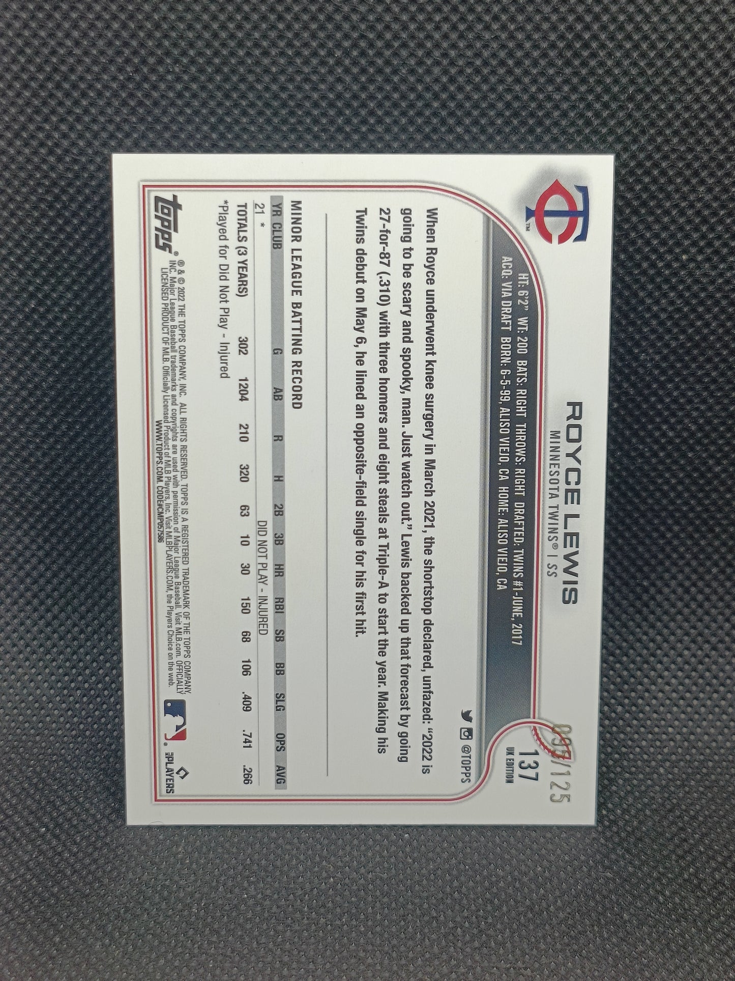 Royce Lewis - 2022 Topps UK Edition Rookie Black /125 - Minnesota Twins