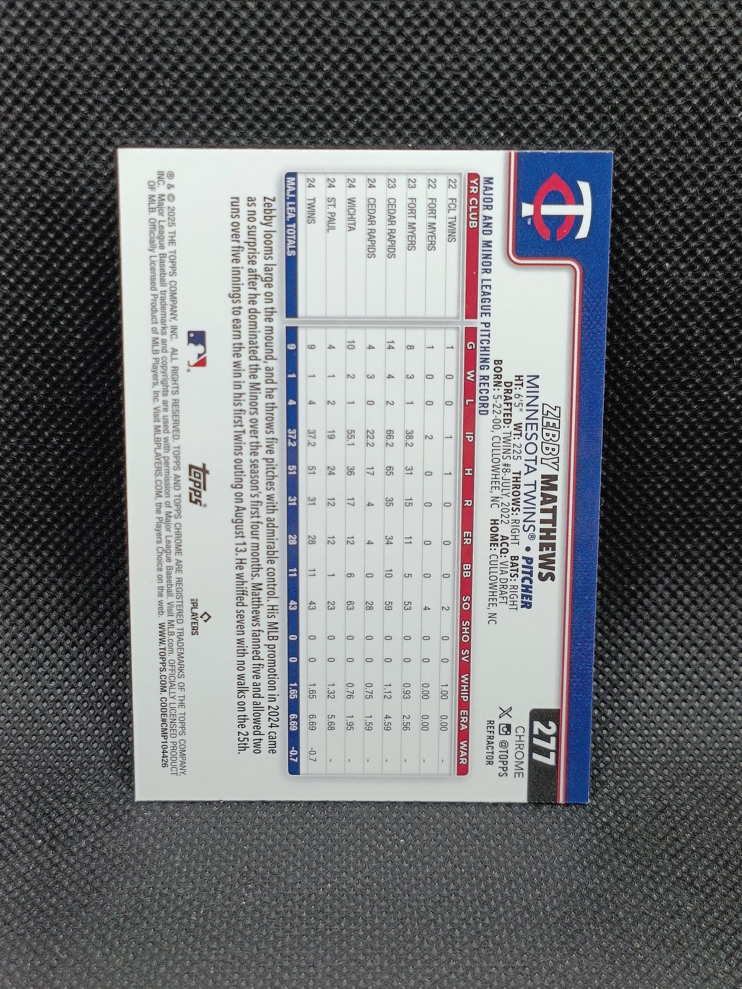 Zebby Matthews - 2025 Topps Chrome Rookie Refractor - Minnesota Twins